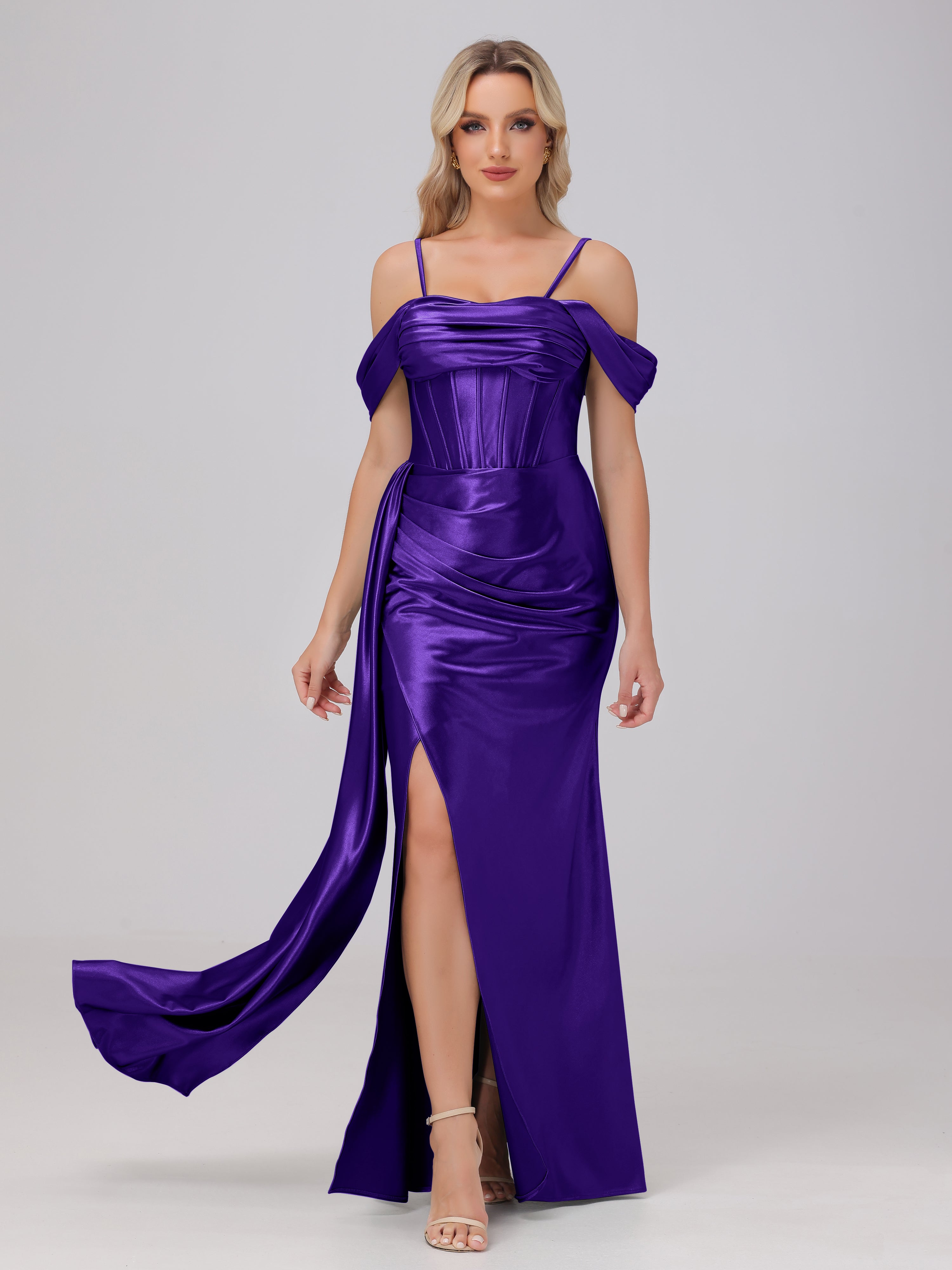 Regency Purple Formal Dresses Off the Shoulder Straps Bodice Zip Back Formal Dresses with Slit Regency Purple Formal Dresses Off the Shoulder Straps Bodice Zip Back Formal Dresses with Slit