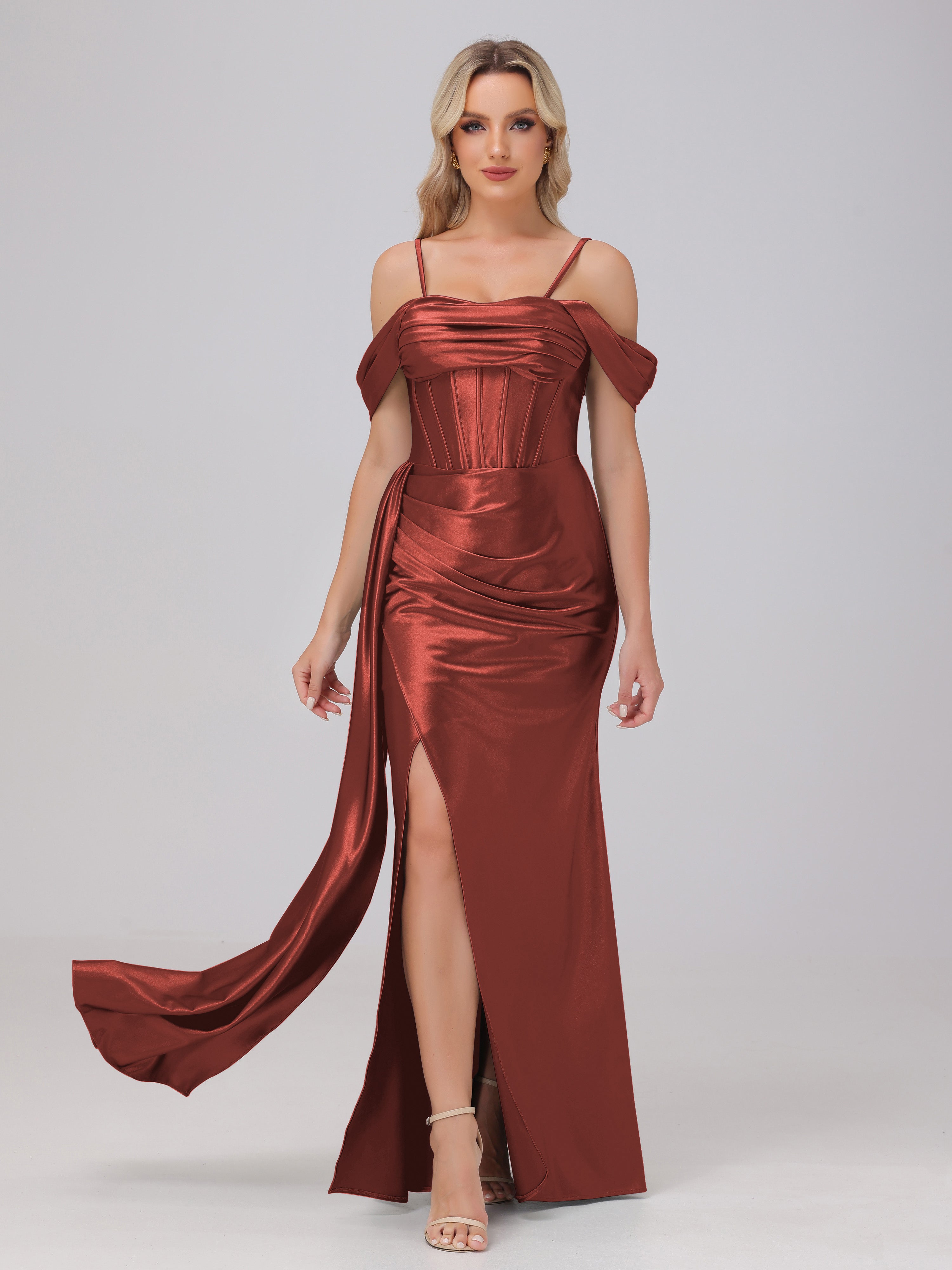 Rust Formal Dress Off the Shoulder Straps Bodice Zip Back Formal Dress Rust Formal Dress Off the Shoulder Straps Bodice Zip Back Formal Dress
