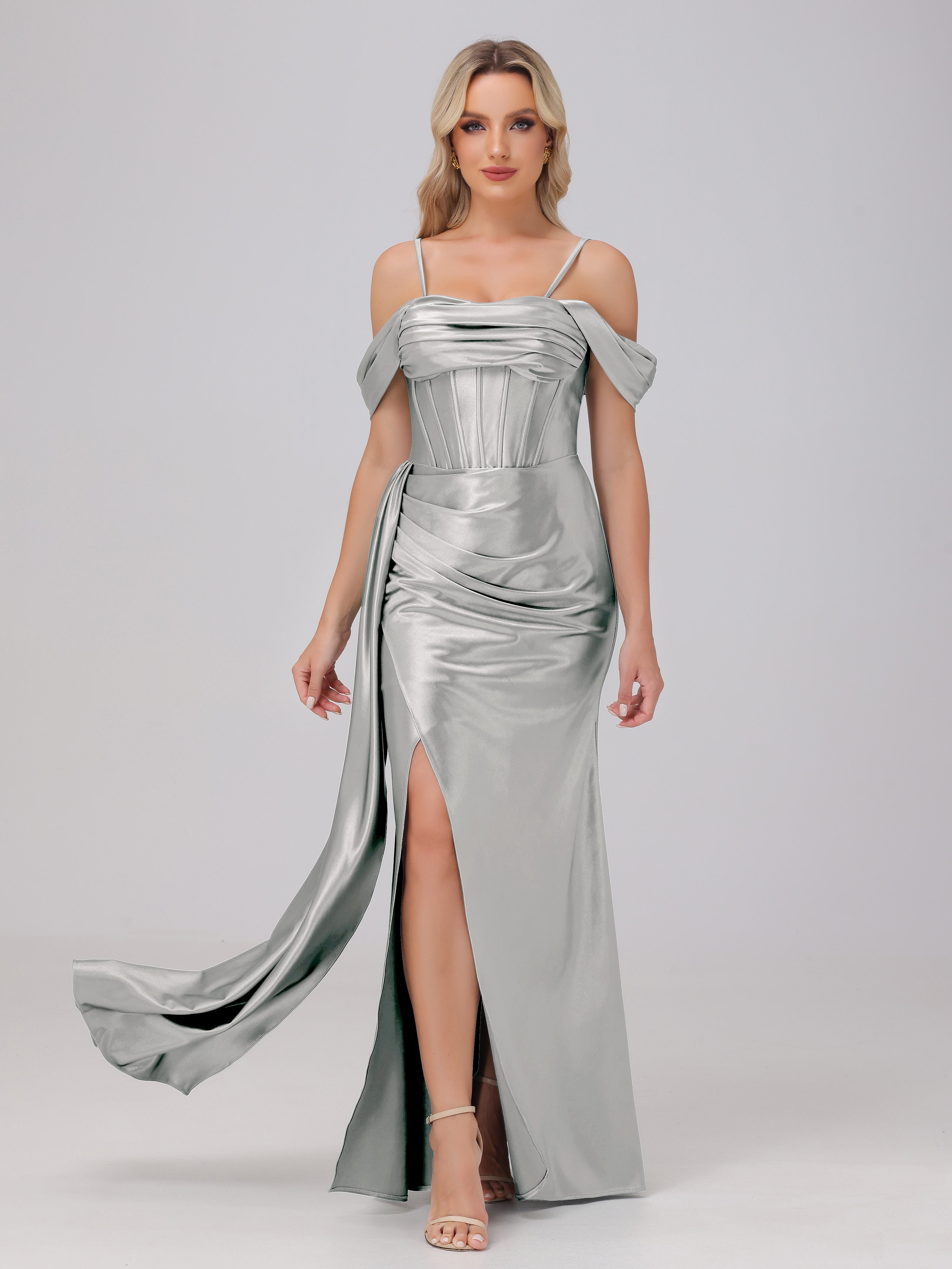 Silver Prom Dresses Off the Shoulder Straps Bodice Zip Back Prom Dress Silver Prom Dresses Off the Shoulder Straps Bodice Zip Back Prom Dress