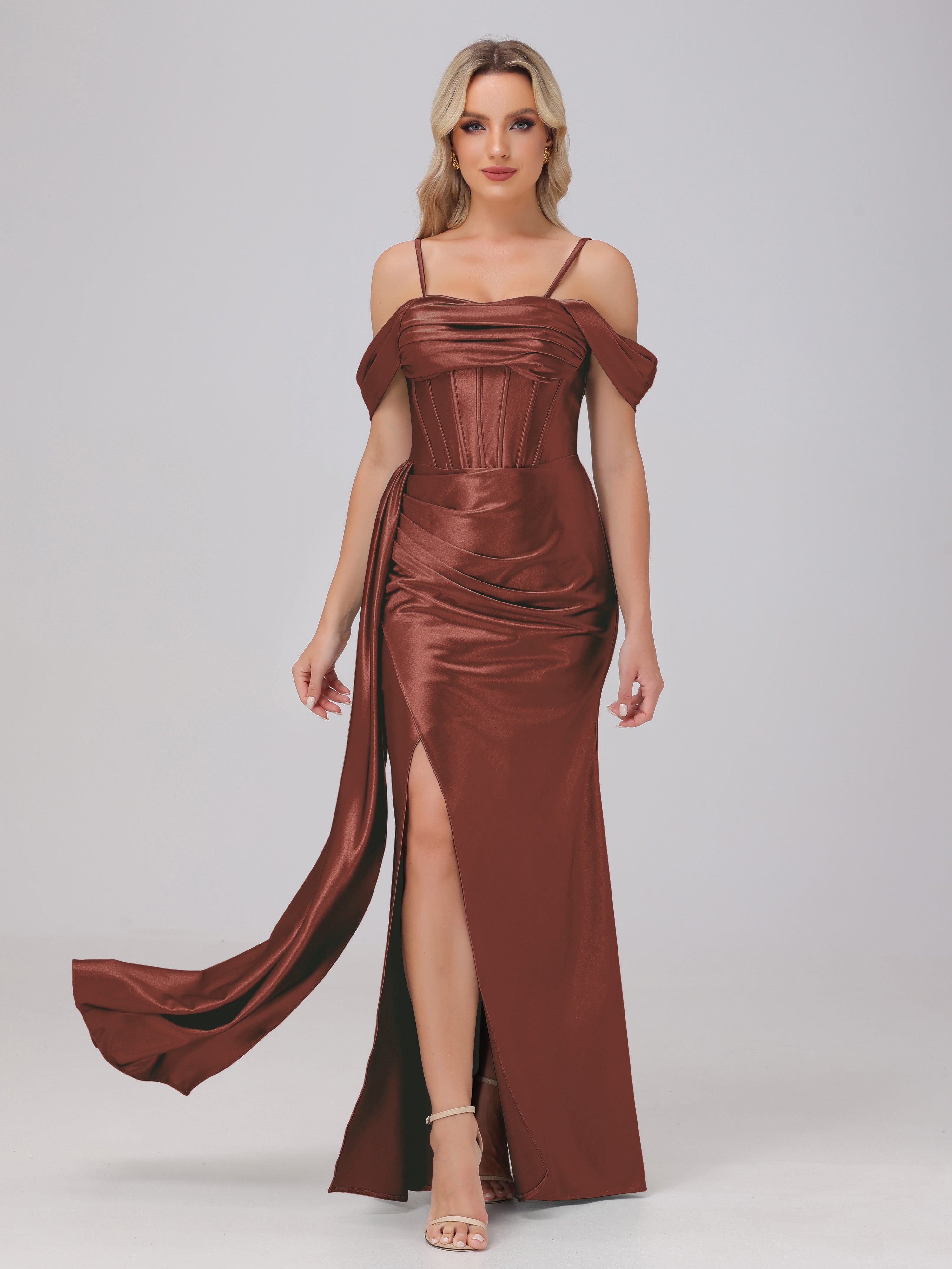 Boho Terracotta Formal Dresses Sheath/Column Off The Shoulder Removable Straps Stretch Satin Formal Dress With Slit