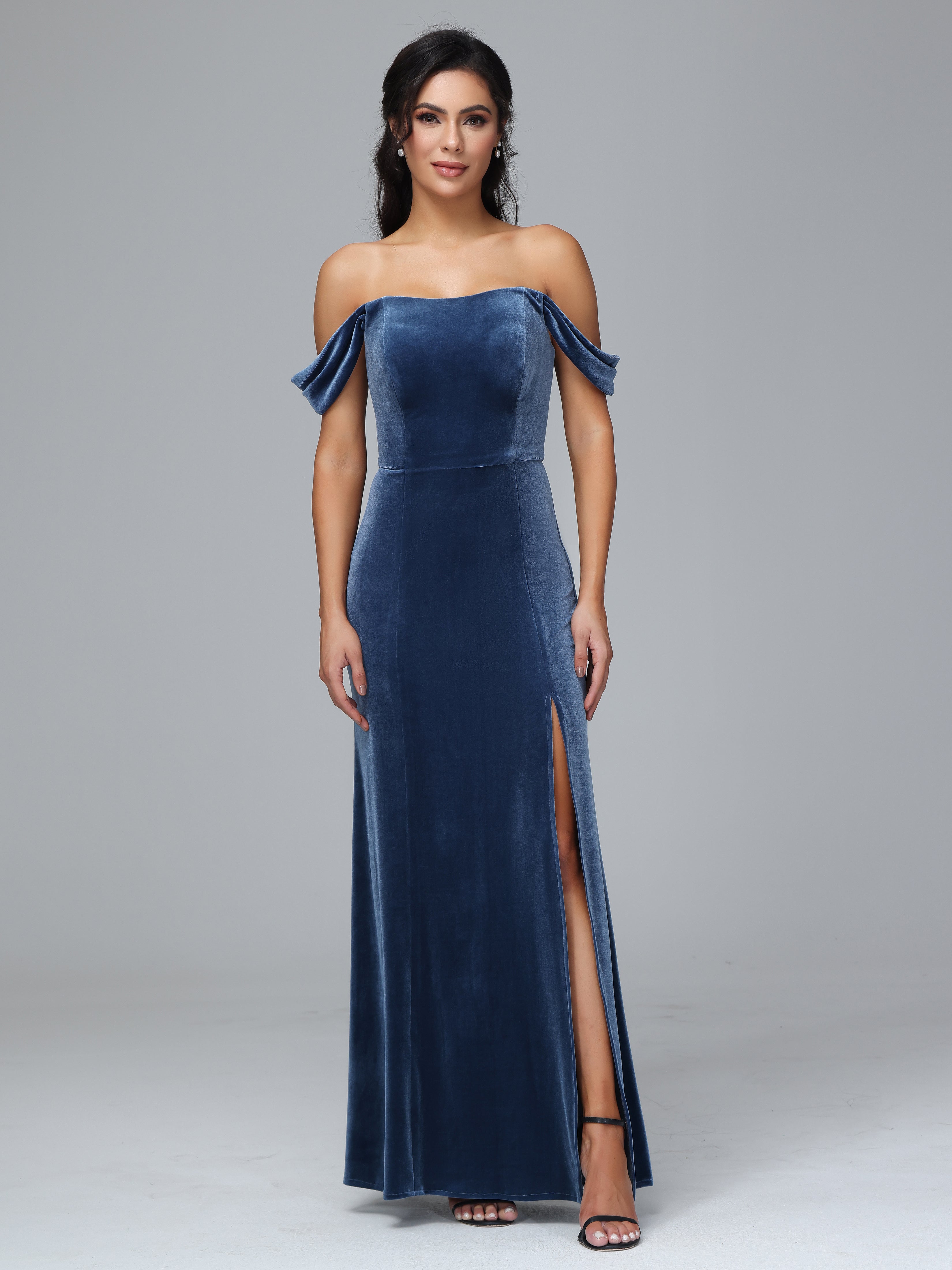 Off Shoulder Velvet Bridesmaid Dress With Slit, Slate_Blue Off Shoulder Velvet Bridesmaid Dress With Slit, Slate_Blue