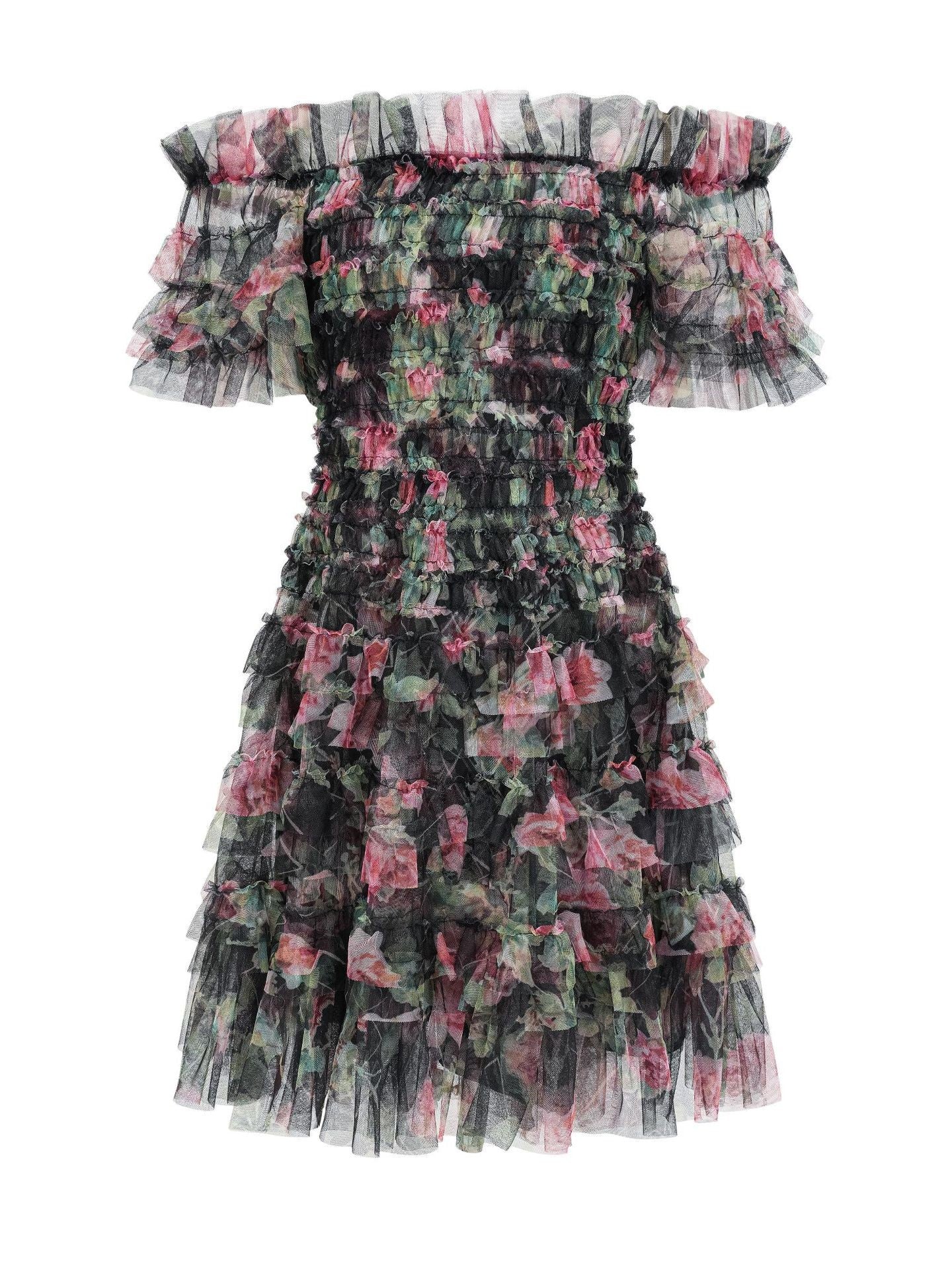 Black Off the Shoulder Floral Tulle Short Knee Length Homecoming Dress Black Off the Shoulder Floral Tulle Short Knee Length Homecoming Dress