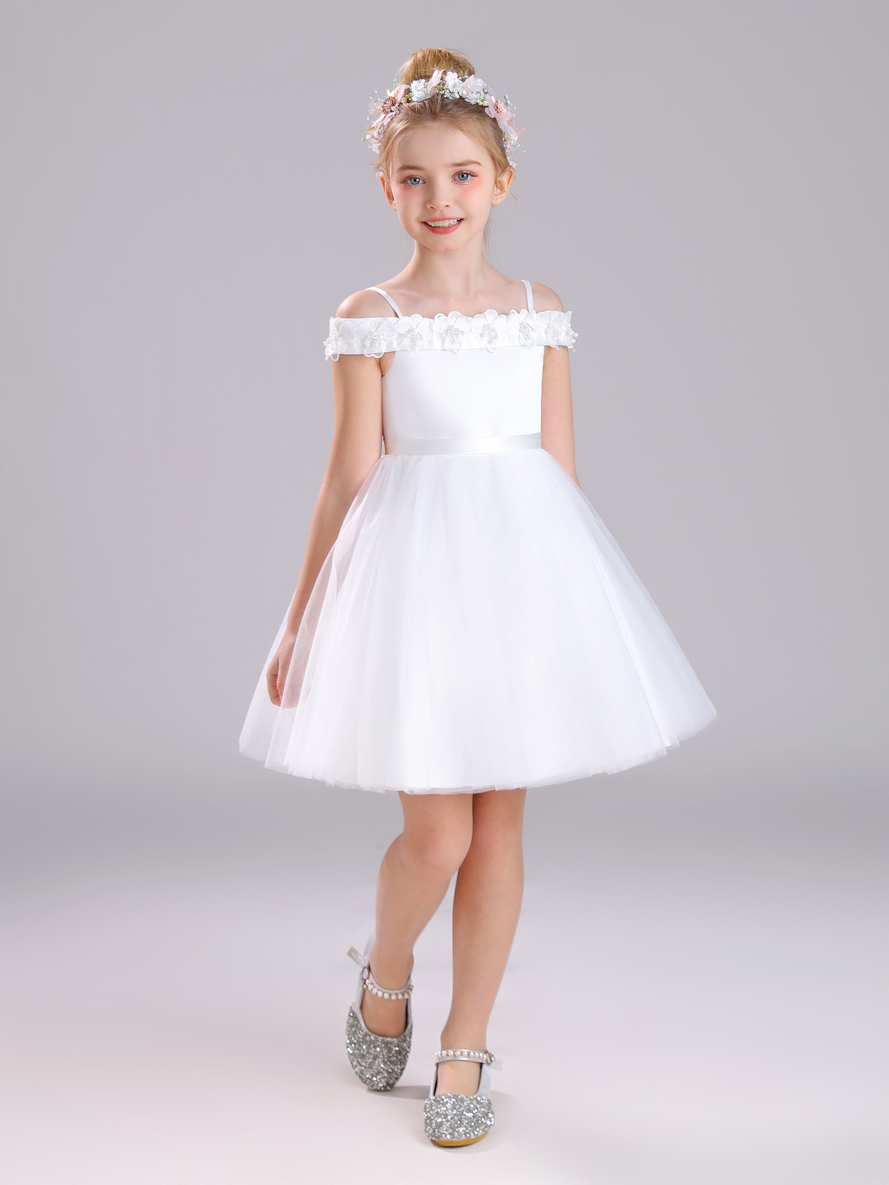 off the shoulder communion dress Off Shoulder Flower Girl Dress: Long Sleeve Tulle Princess Gown