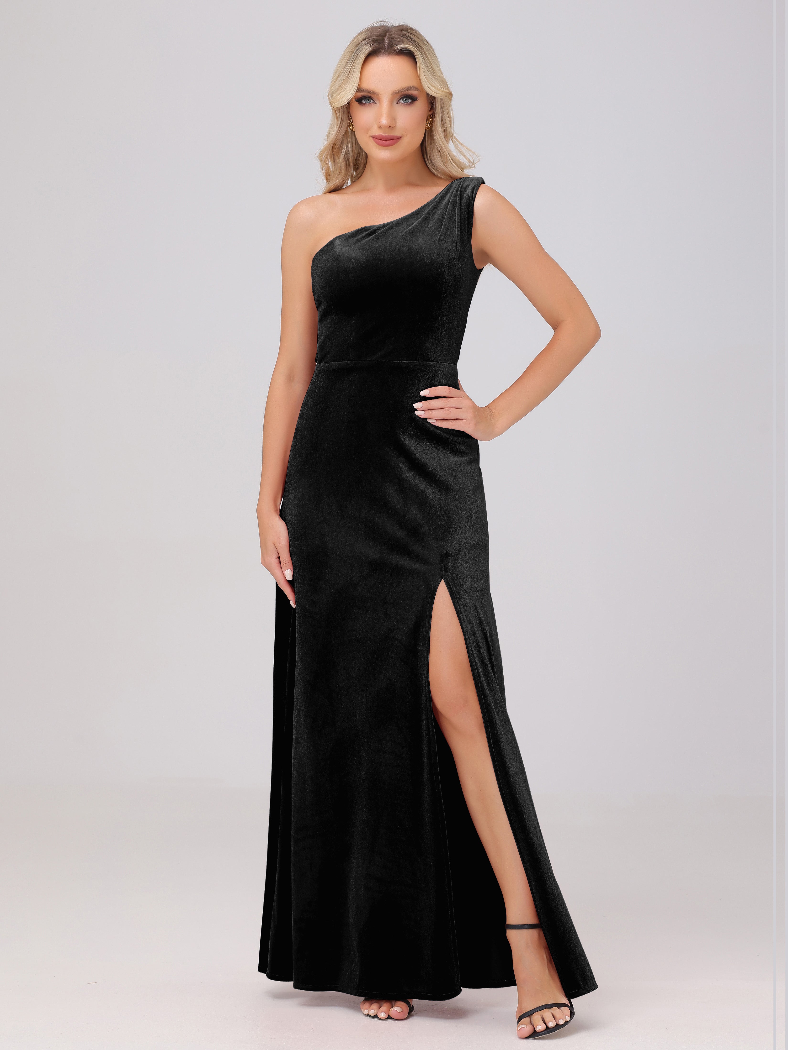 One Shoulder Velvet Bridesmaid Dresses with Slit, Black One Shoulder Velvet Bridesmaid Dresses with Slit, Black