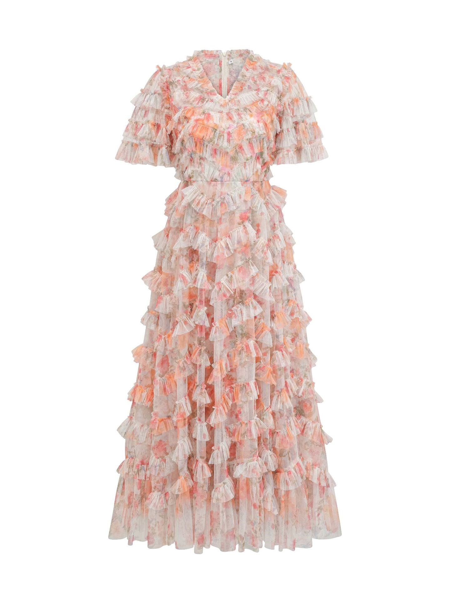 Orange V-neck Short Sleeve Floral Printed Tulle Ruffled Wedding Guest Dresses Orange V-neck Short Sleeve Floral Printed Tulle Ruffled Wedding Guest Dresses