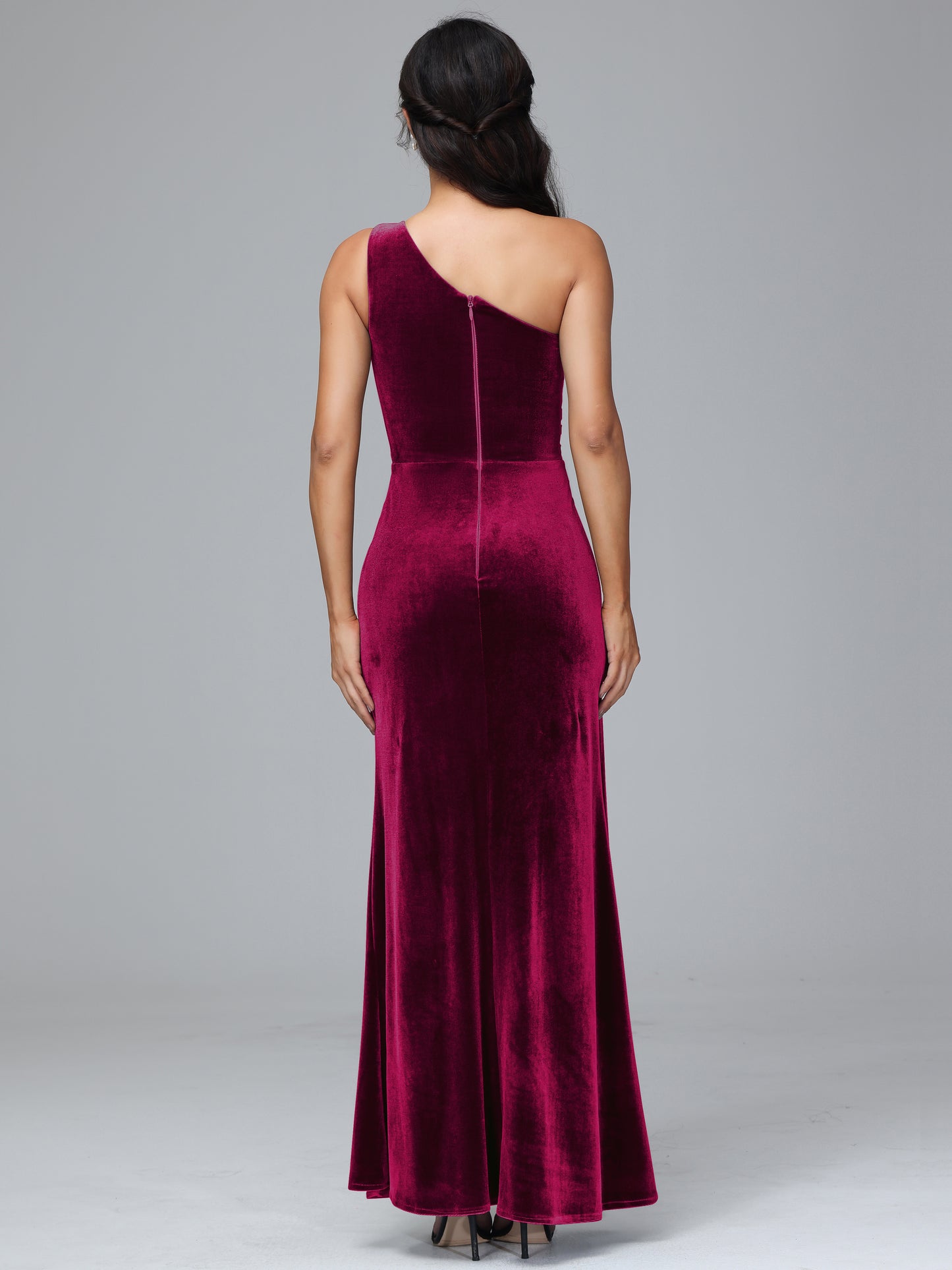 One Shoulder With Slit Plus Size Velvet Bridesmaid Dress