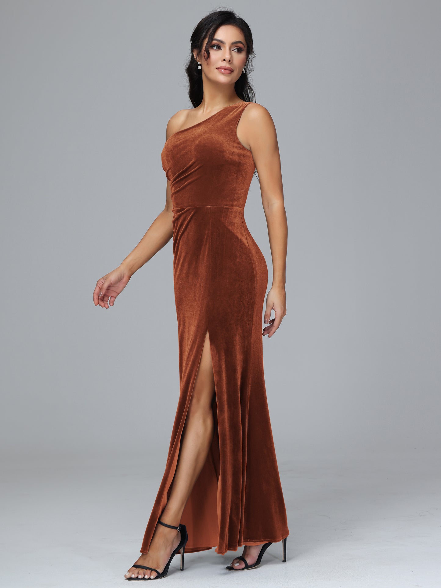 One Shoulder With Slit Plus Size Velvet Bridesmaid Dress