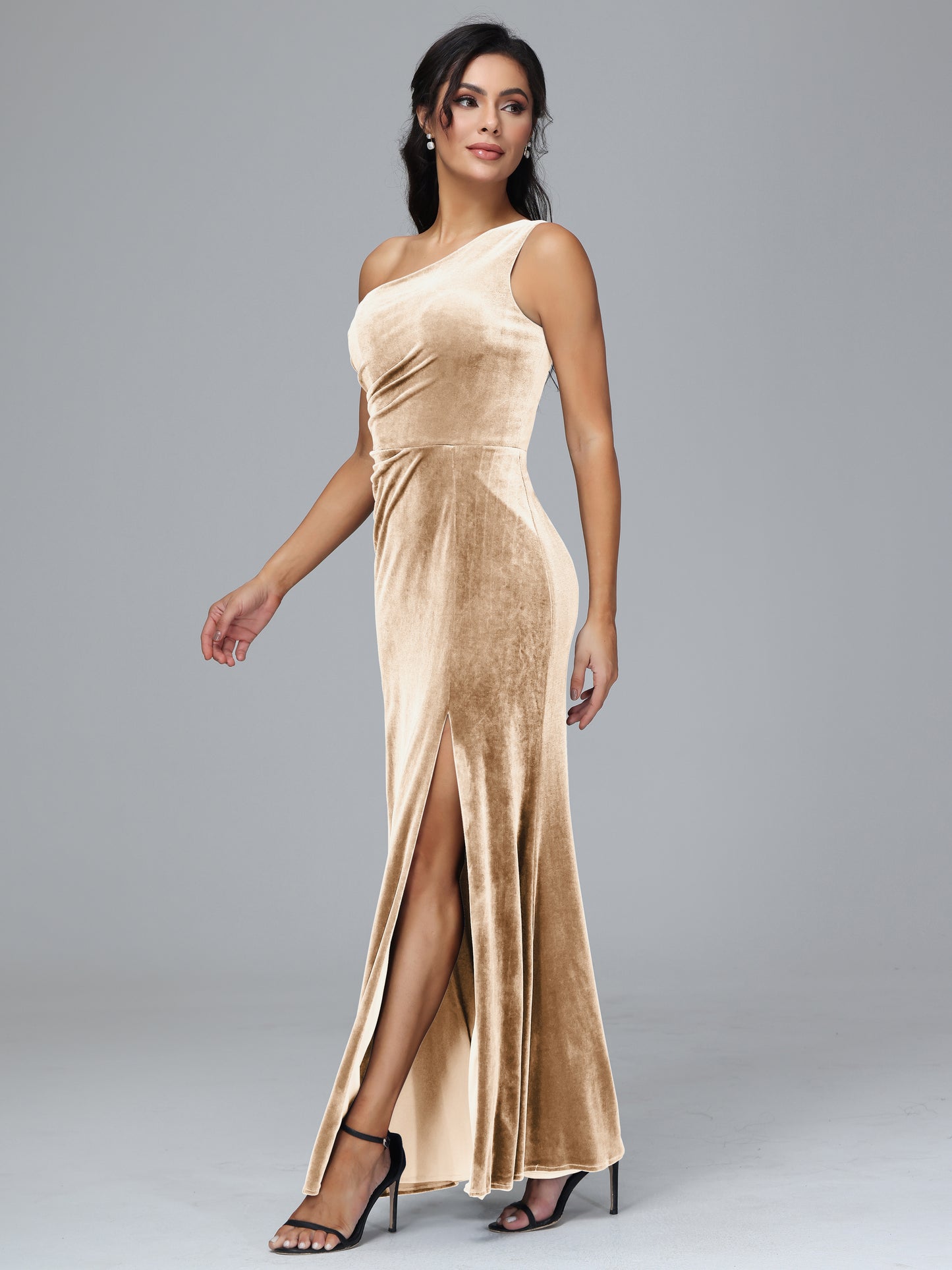 One Shoulder With Slit Plus Size Velvet Bridesmaid Dress