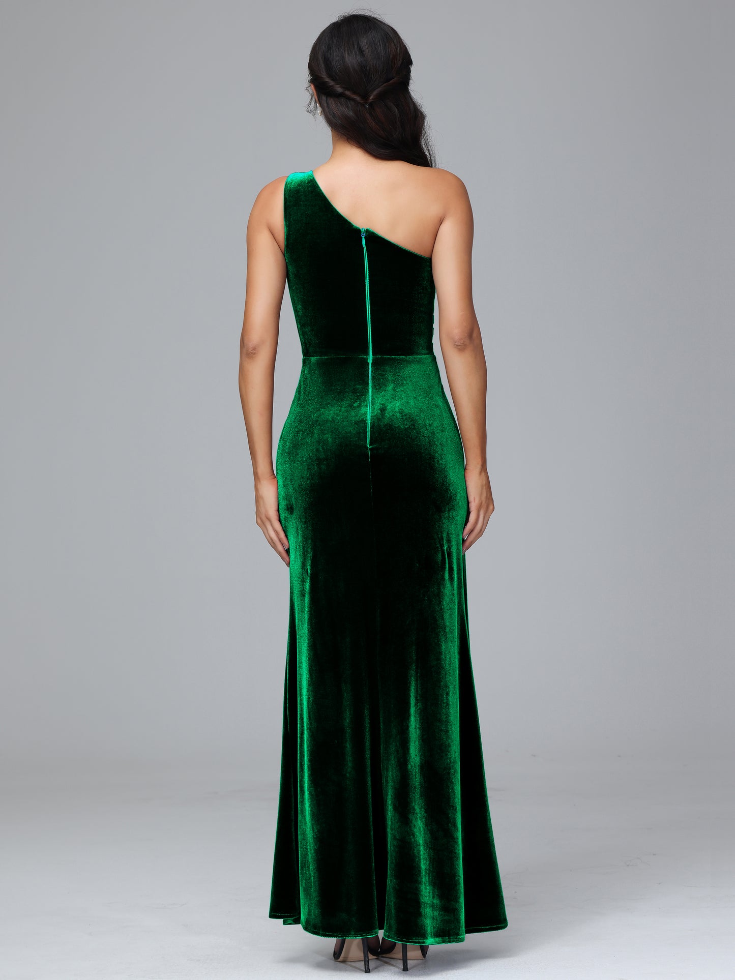 One Shoulder With Slit Plus Size Velvet Bridesmaid Dress