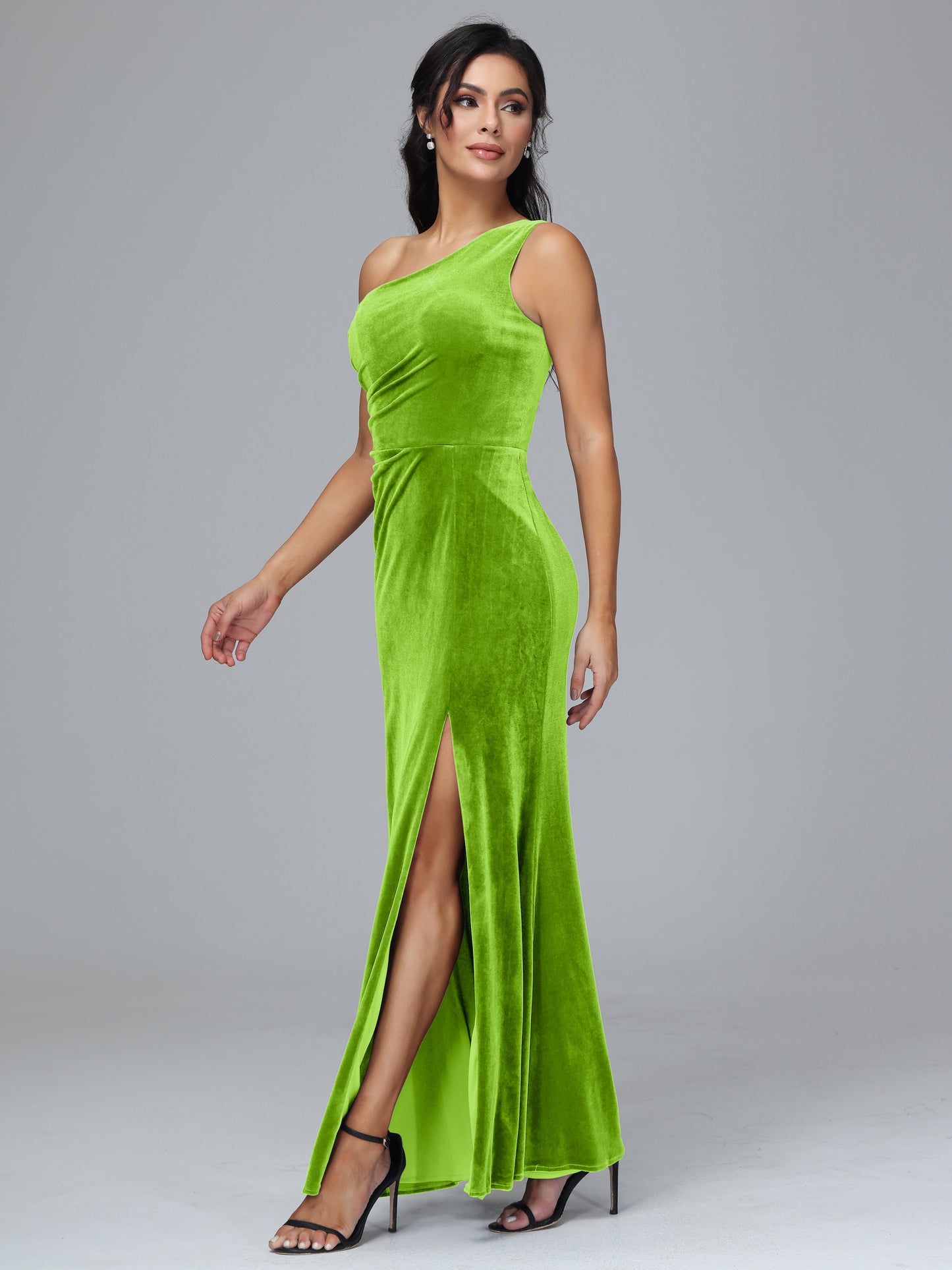 One Shoulder With Slit Plus Size Velvet Bridesmaid Dress