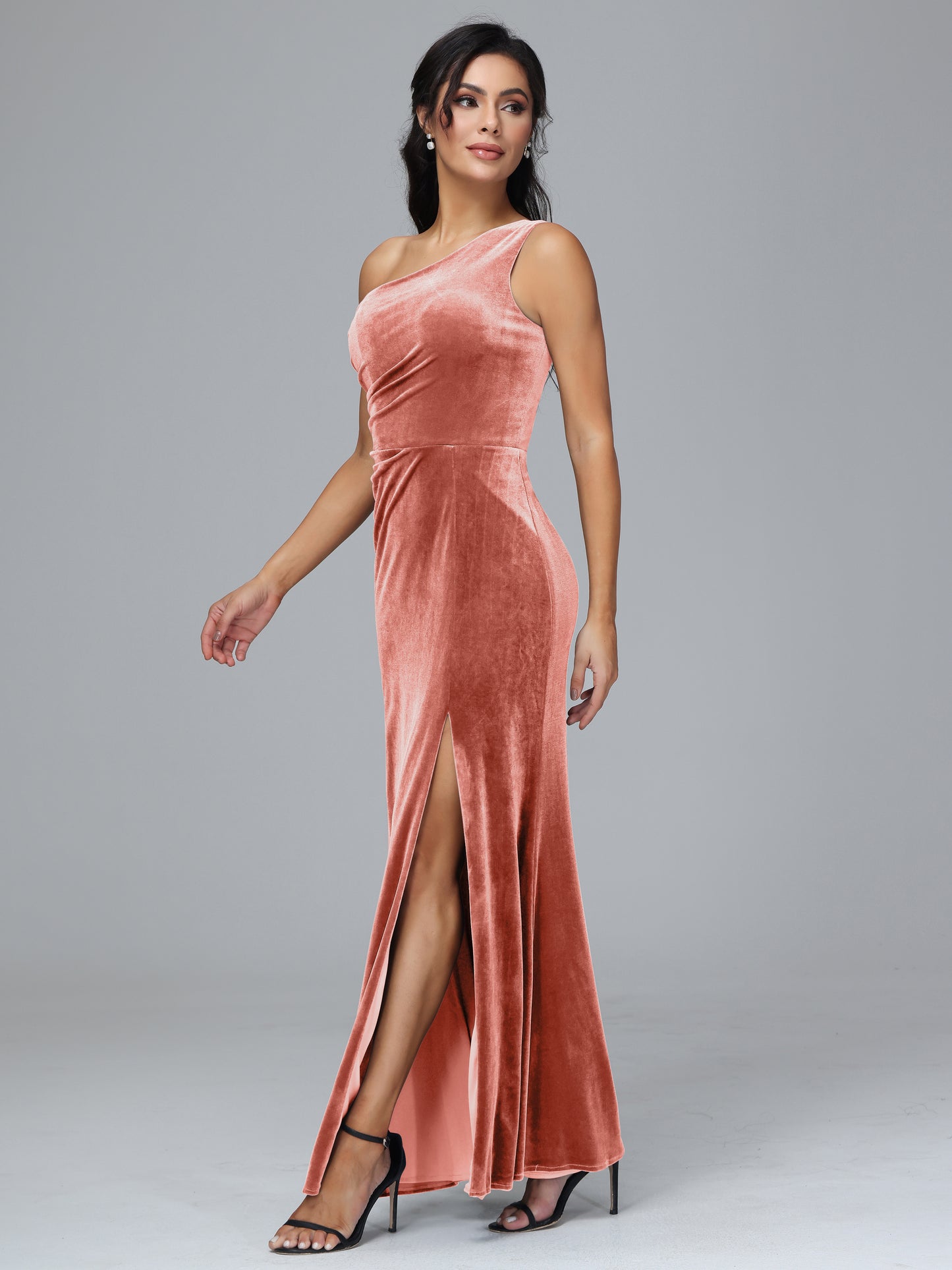One Shoulder With Slit Plus Size Velvet Bridesmaid Dress