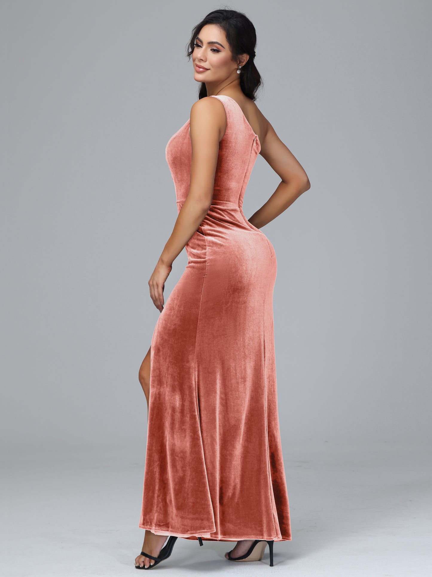 One Shoulder With Slit Plus Size Velvet Bridesmaid Dress