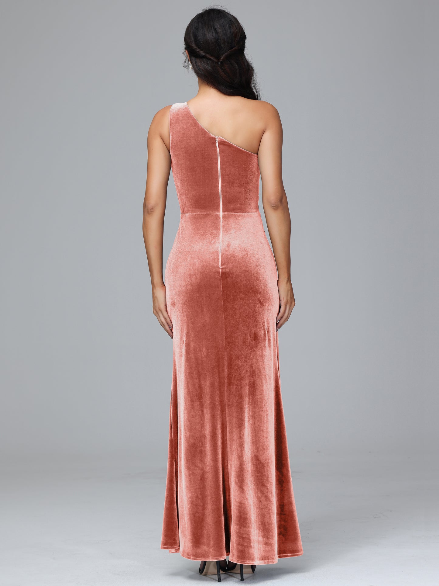 One Shoulder With Slit Plus Size Velvet Bridesmaid Dress