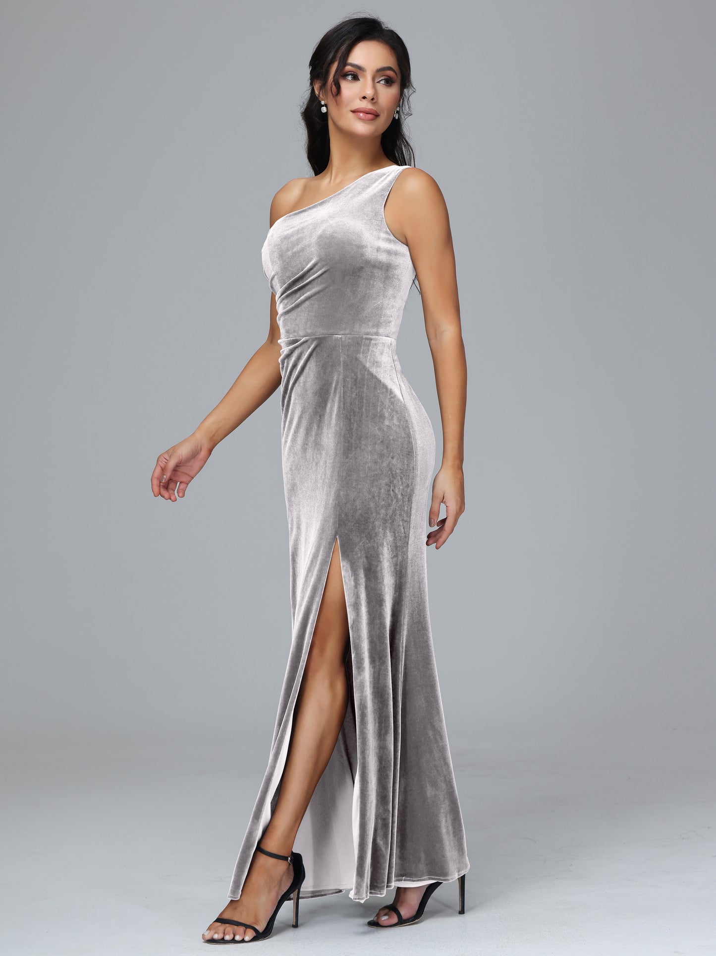One Shoulder With Slit Plus Size Velvet Bridesmaid Dress