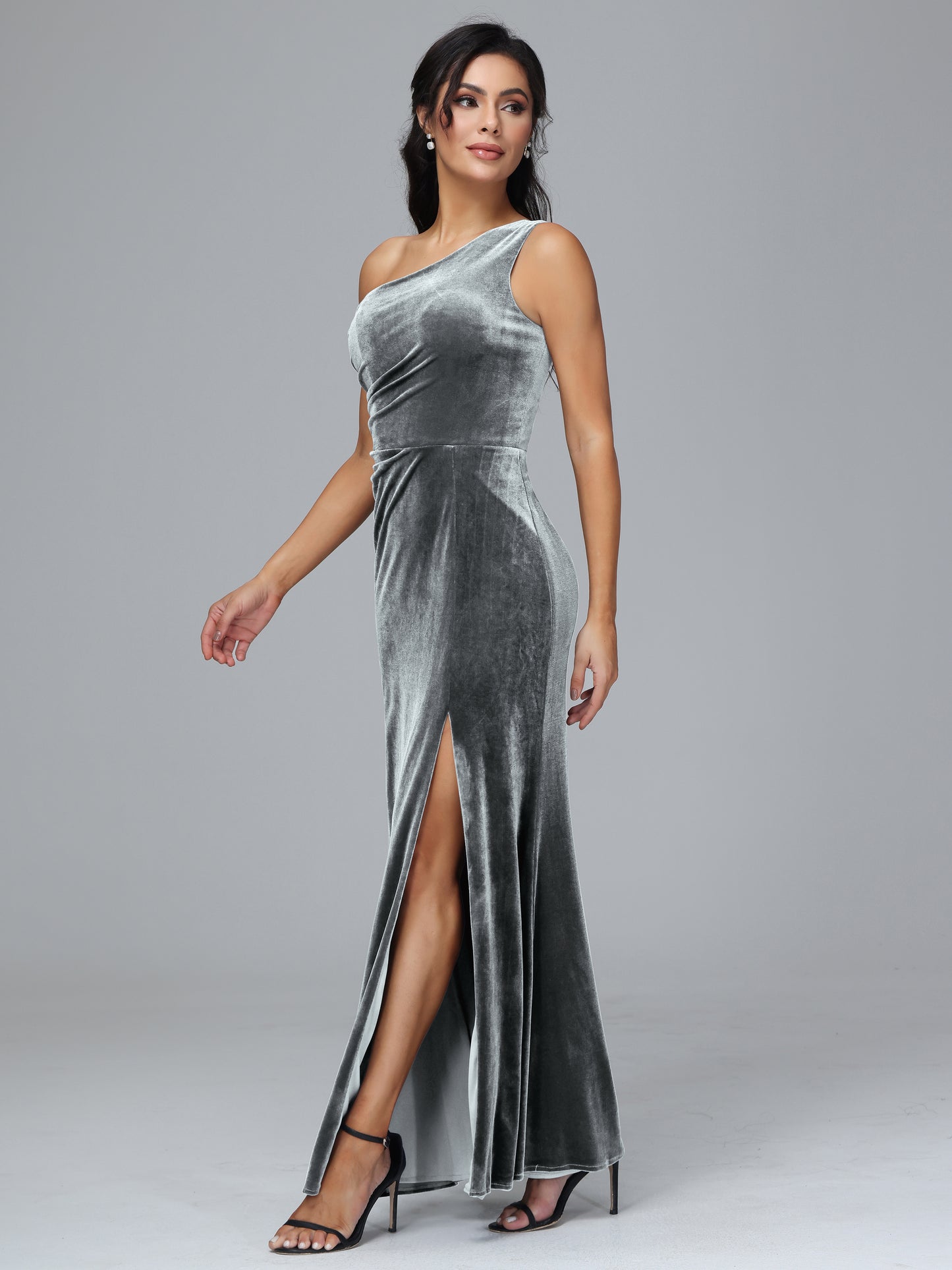 One Shoulder With Slit Plus Size Velvet Bridesmaid Dress