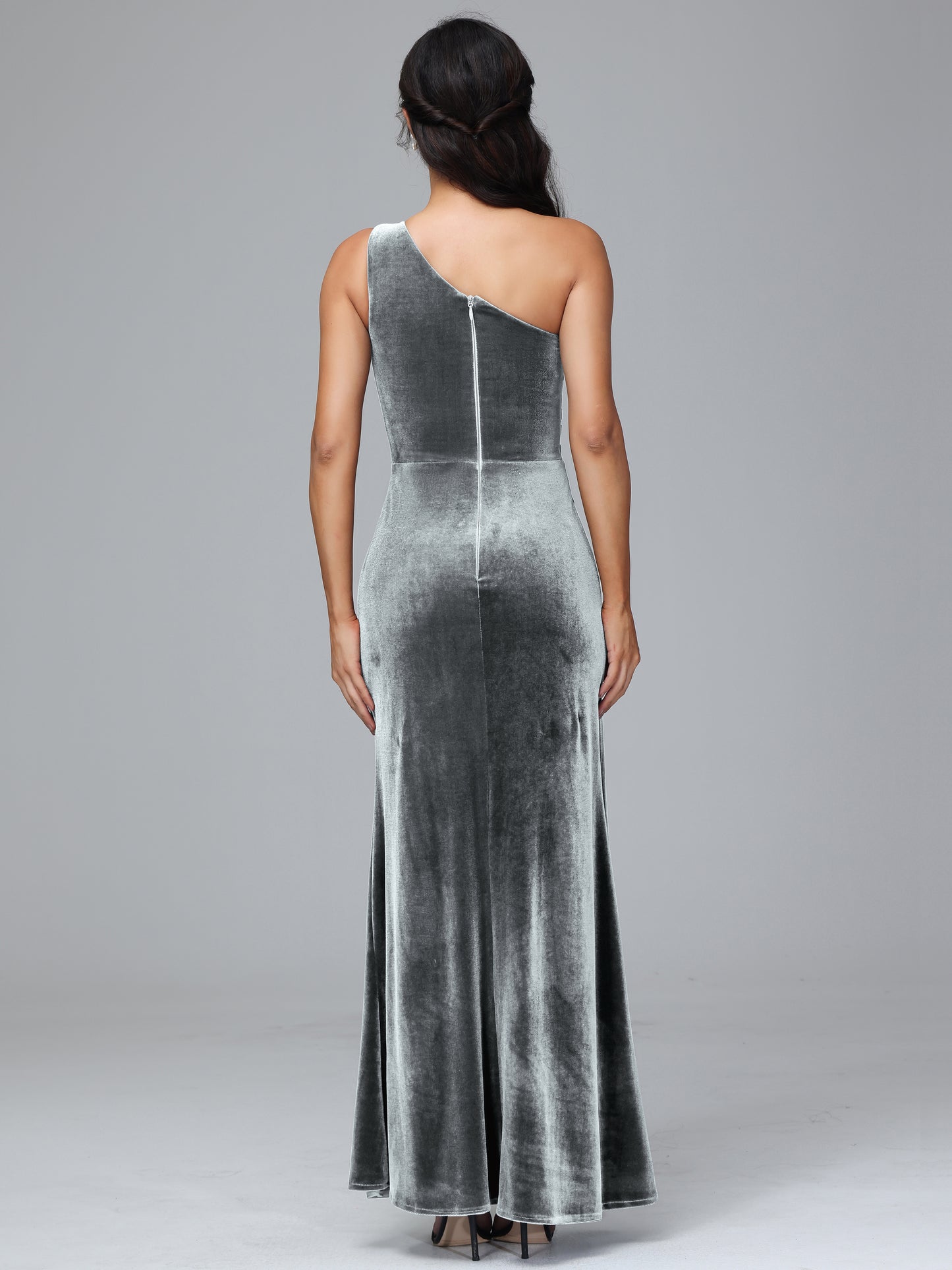 One Shoulder With Slit Plus Size Velvet Bridesmaid Dress