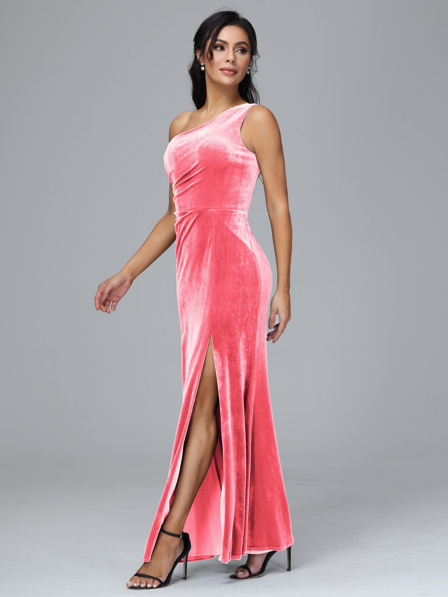 One Shoulder With Slit Plus Size Velvet Bridesmaid Dress