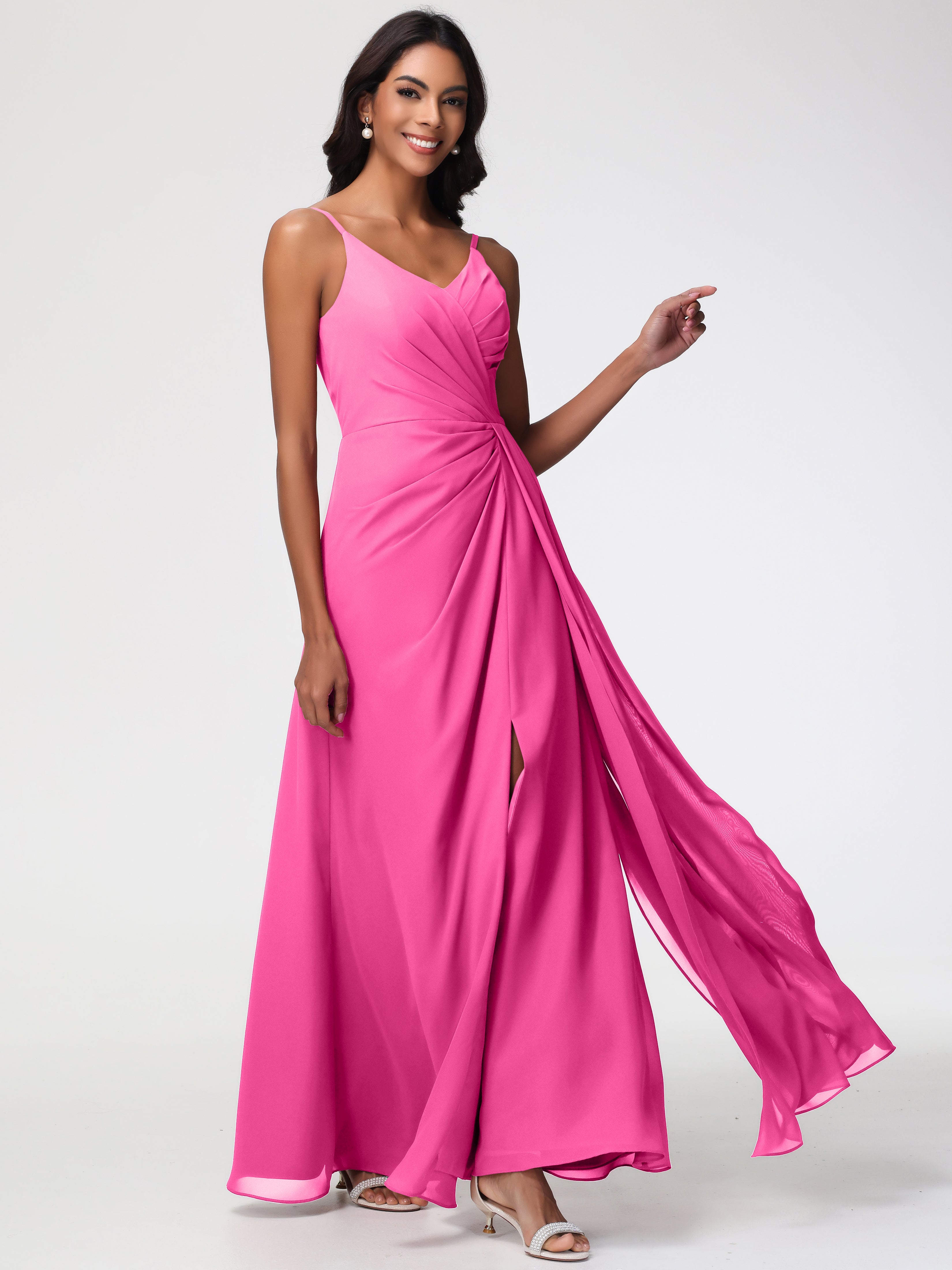 Azalea Bridesmaid A-Line V-Neck Spaghetti Straps Ruched Chiffon Bridesmaid Dresses With Slit