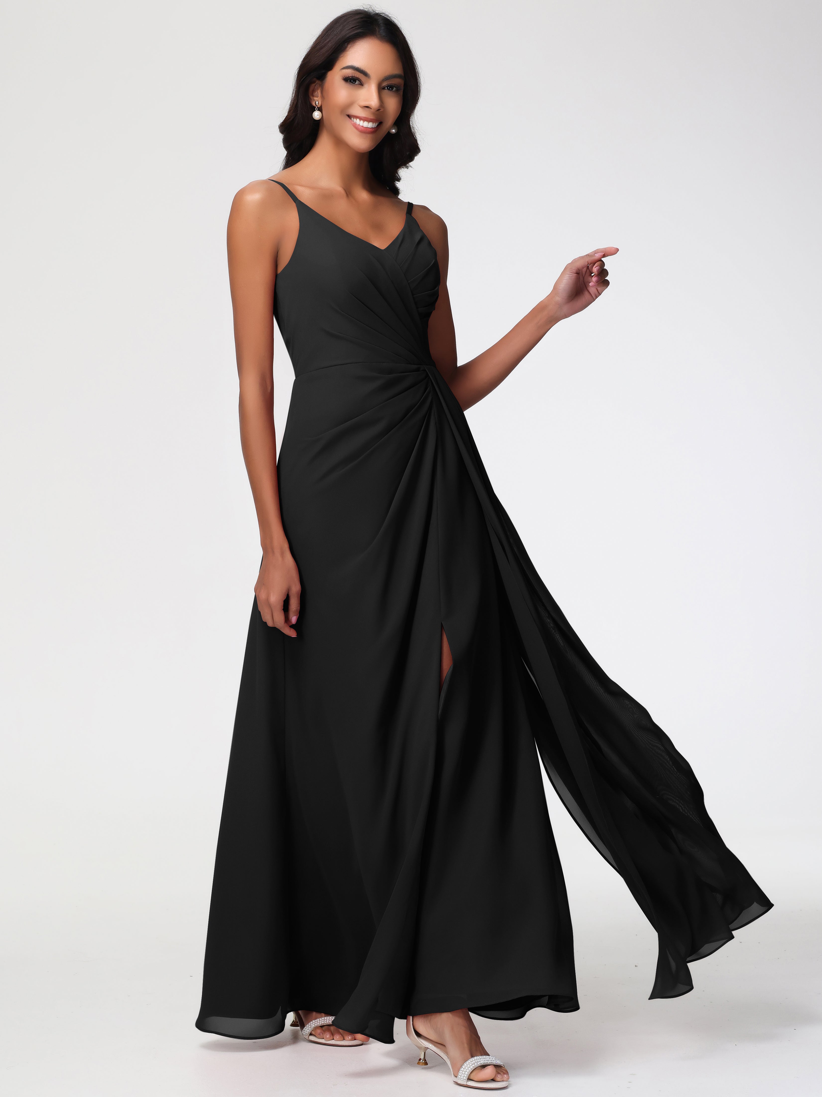 Girls Black Bridesmaid Dress A-Line V-Neck Spaghetti Straps Ruched Chiffon Bridesmaid Dresses With Slit Girls Black Bridesmaid Dress A-Line V-Neck Spaghetti Straps Ruched Chiffon Bridesmaid Dresses With Slit