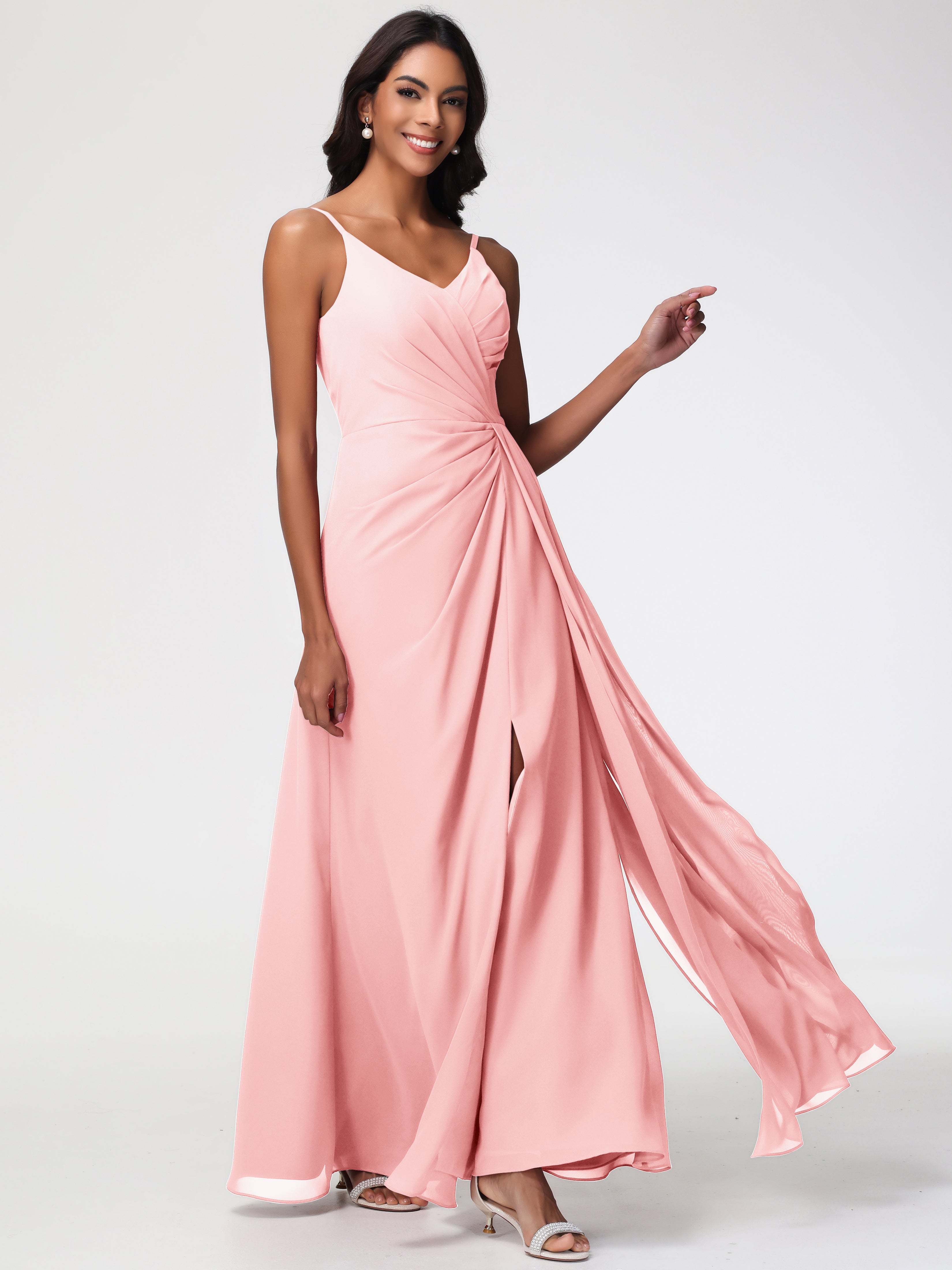 Blush Peach Bridesmaid Dresses A-Line V-Neck Spaghetti Straps Ruched Chiffon Bridesmaid Dresses With Slit Blush Peach Bridesmaid Dresses A-Line V-Neck Spaghetti Straps Ruched Chiffon Bridesmaid Dresses With Slit
