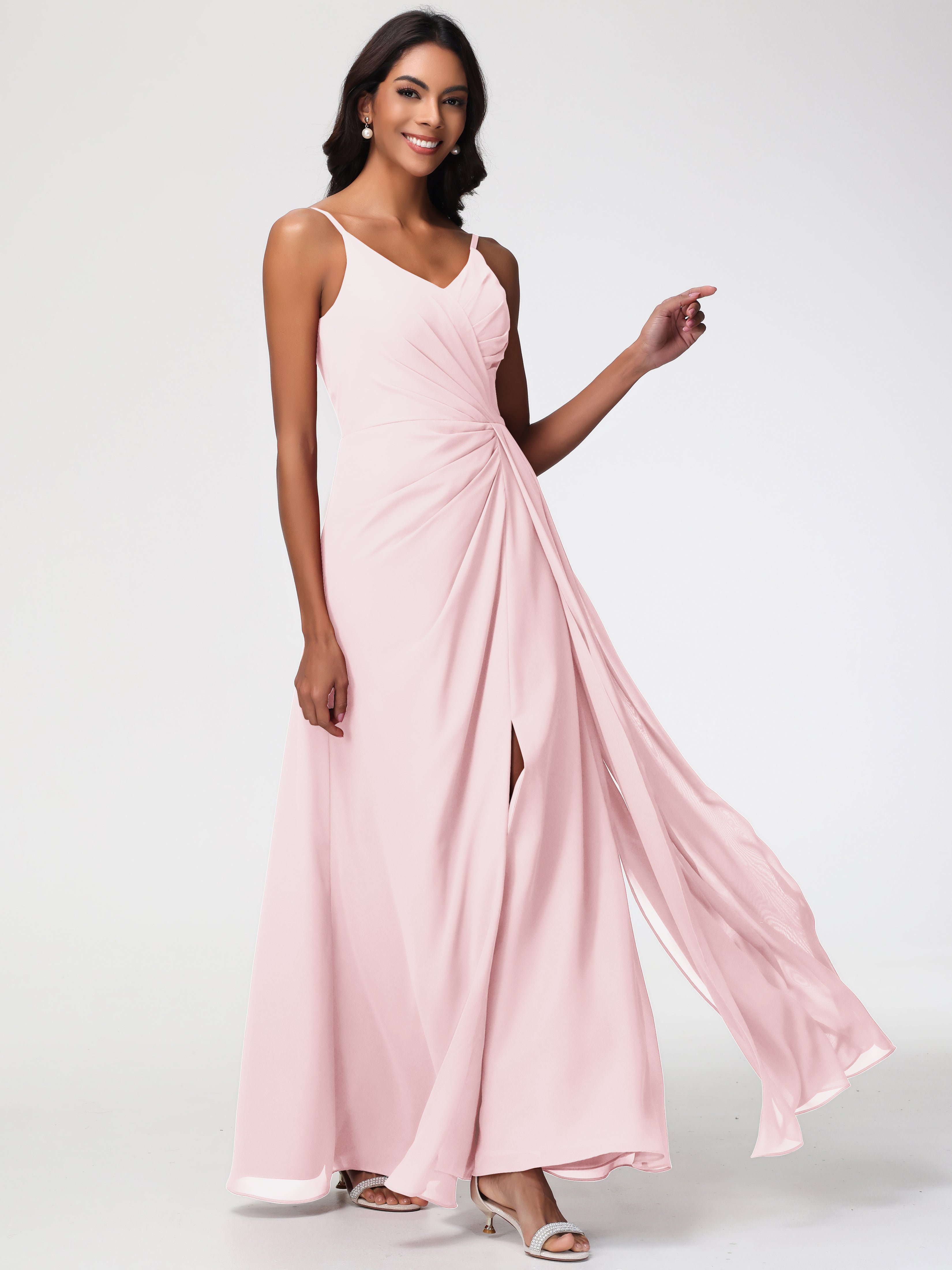 Blush Pink Bridesmaid Dress A-Line V-Neck Spaghetti Straps Ruched Chiffon Bridesmaid Dresses With Slit Blush Pink Bridesmaid Dress A-Line V-Neck Spaghetti Straps Ruched Chiffon Bridesmaid Dresses With Slit