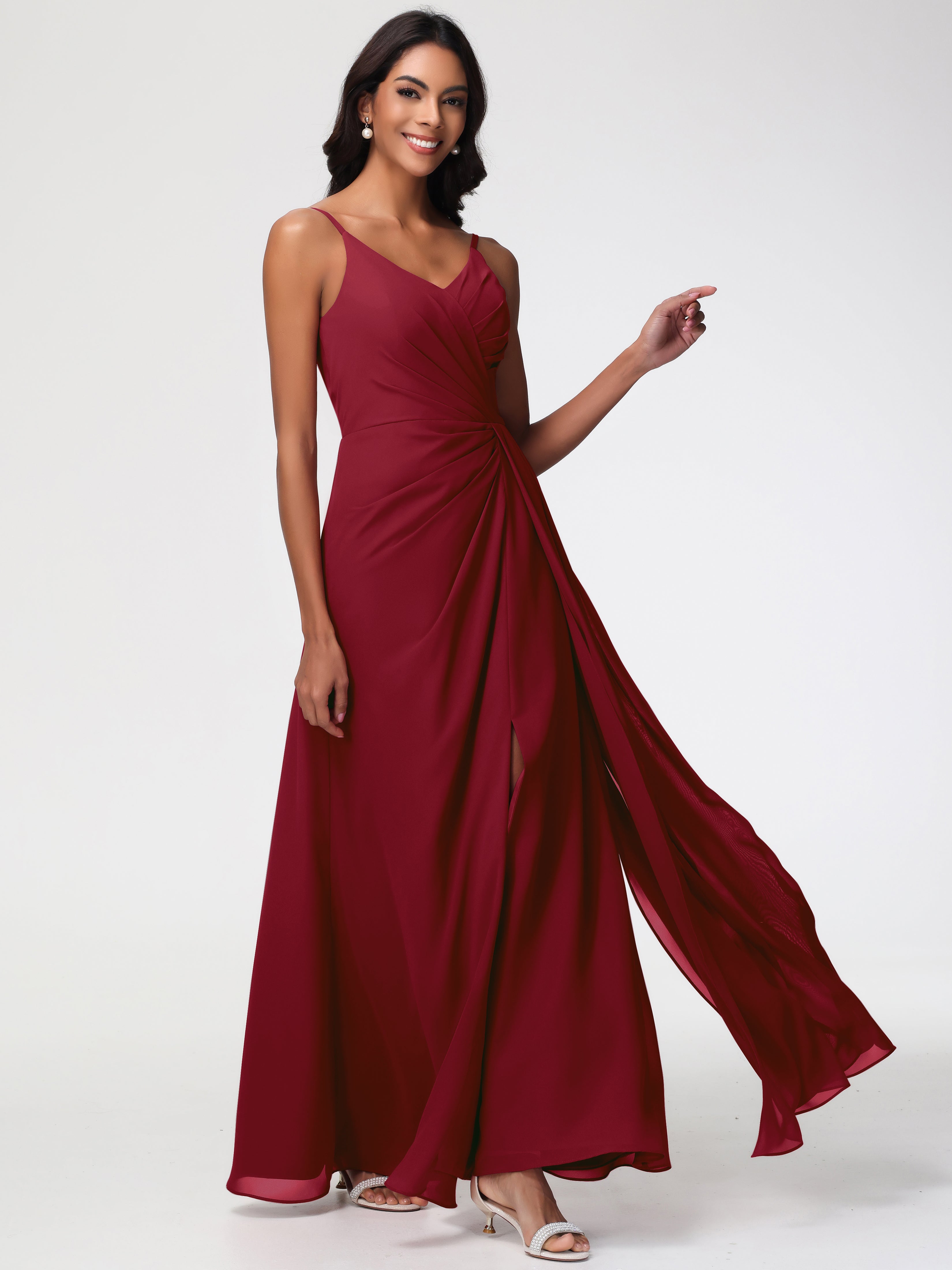 Burgundy Bridesmaids A-Line V-Neck Spaghetti Straps Ruched Chiffon Bridesmaid Dresses With Slit Burgundy Bridesmaids A-Line V-Neck Spaghetti Straps Ruched Chiffon Bridesmaid Dresses With Slit