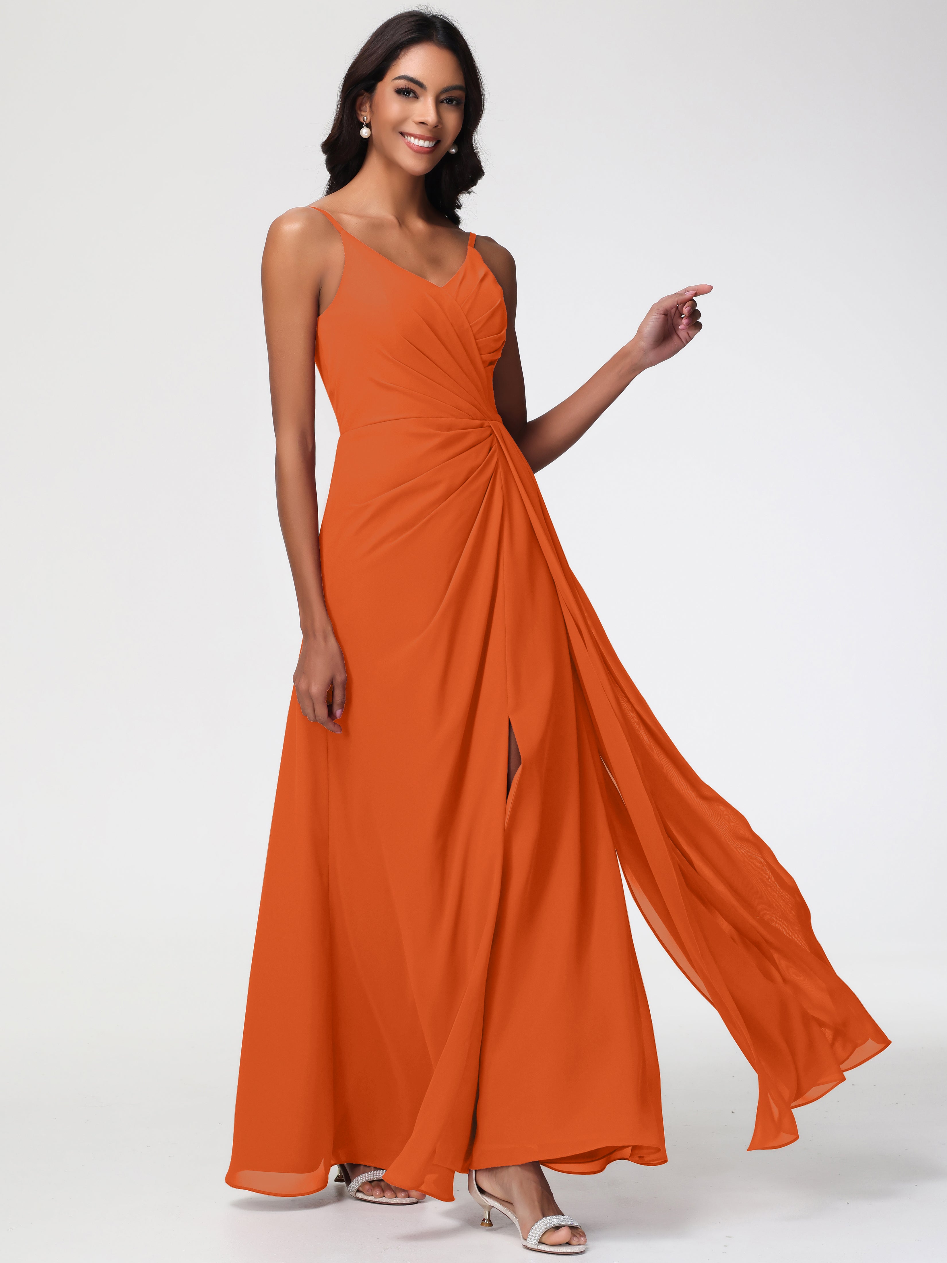 Burnt Orange Bridesmaids Dresses A-Line V-Neck Spaghetti Straps Ruched Chiffon Bridesmaid Dresses With Slit Burnt Orange Bridesmaids Dresses A-Line V-Neck Spaghetti Straps Ruched Chiffon Bridesmaid Dresses With Slit