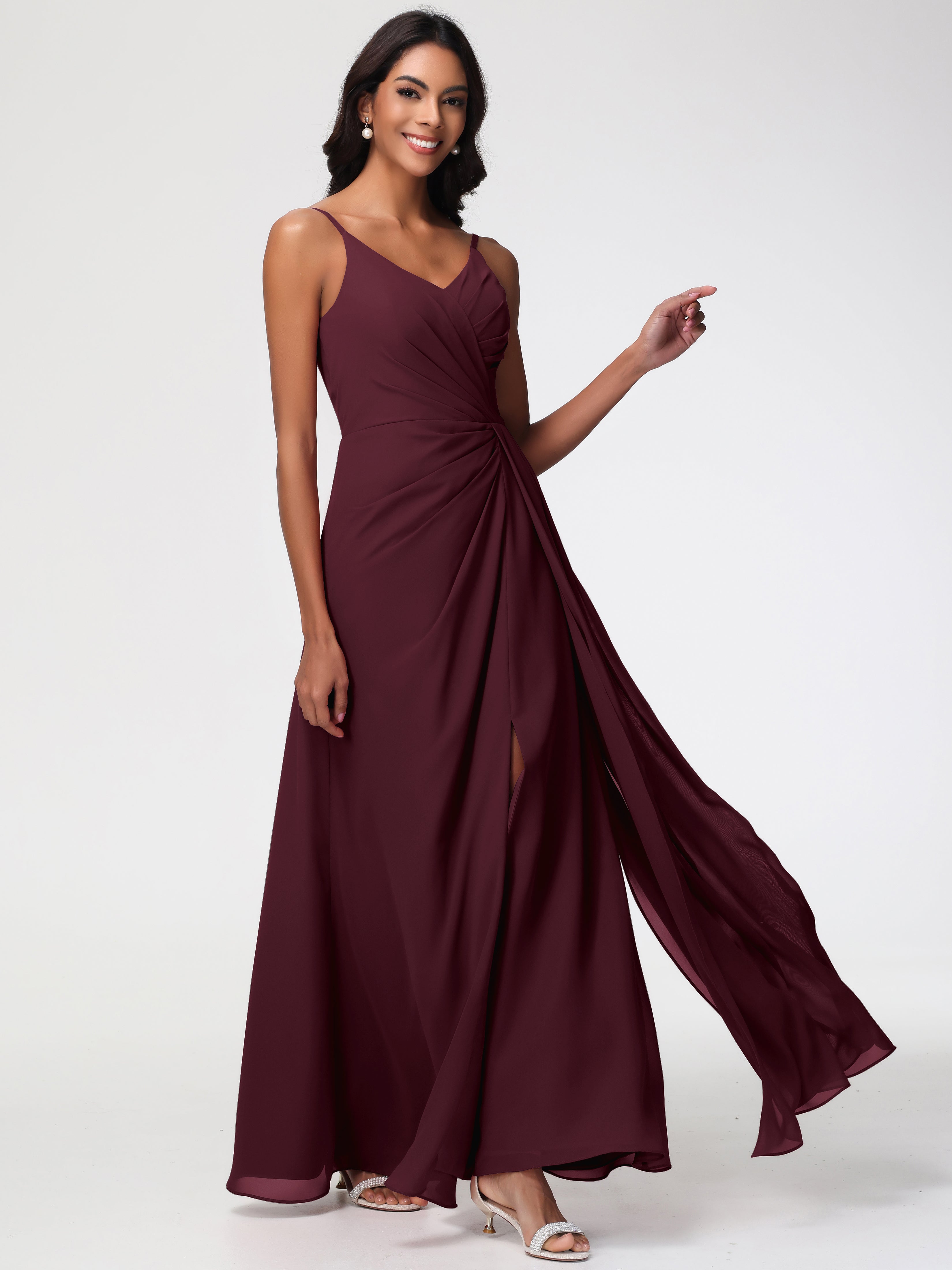 Chiffon Cabernet Bridesmaid Dress A-Line V-Neck Spaghetti Straps Ruched Chiffon Bridesmaid Dresses With Slit Chiffon Cabernet Bridesmaid Dress A-Line V-Neck Spaghetti Straps Ruched Chiffon Bridesmaid Dresses With Slit