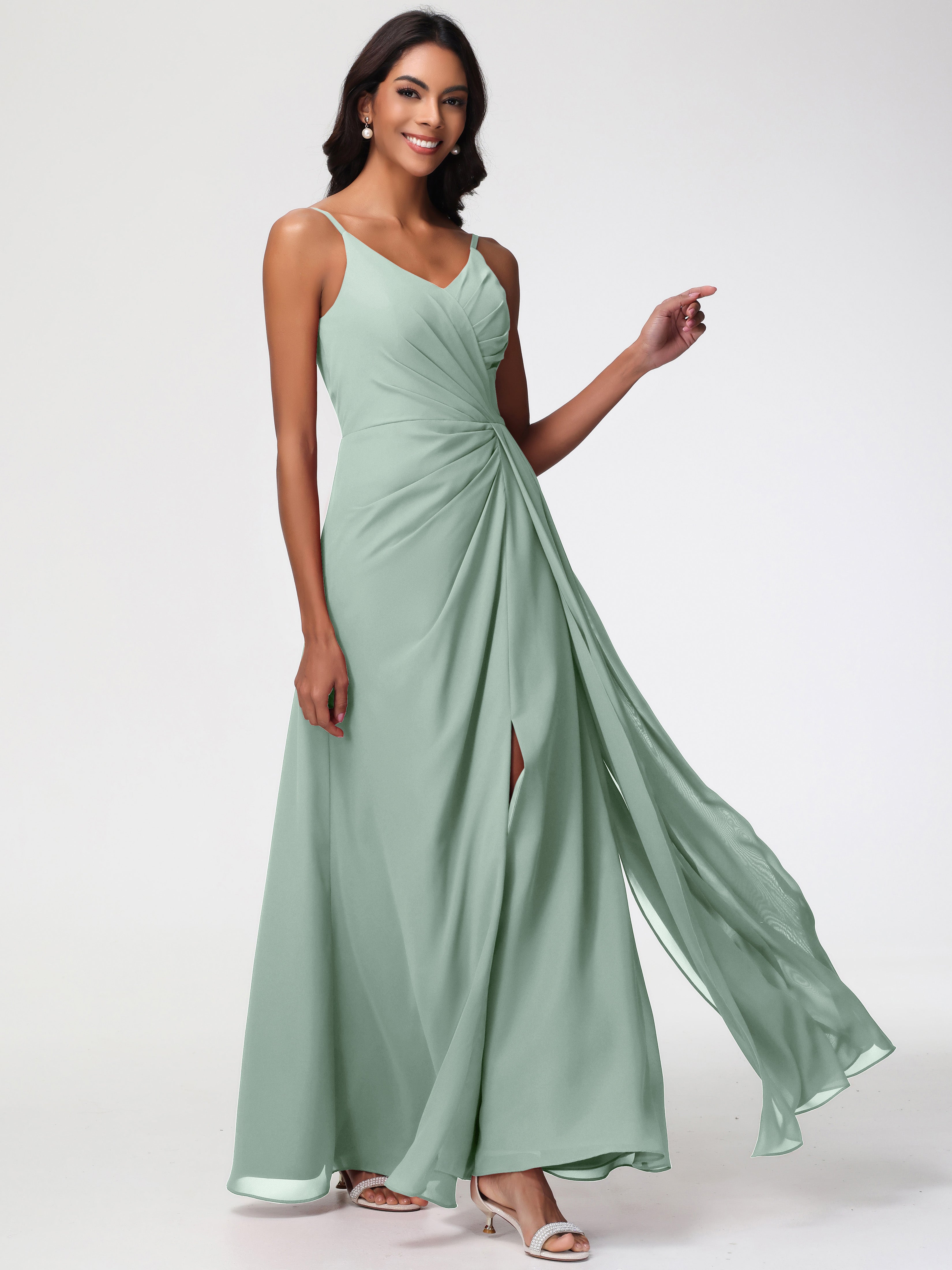 Celadon Bridesmaid A-Line V-Neck Spaghetti Straps Ruched Chiffon Bridesmaid Dresses With Slit Celadon Bridesmaid A-Line V-Neck Spaghetti Straps Ruched Chiffon Bridesmaid Dresses With Slit
