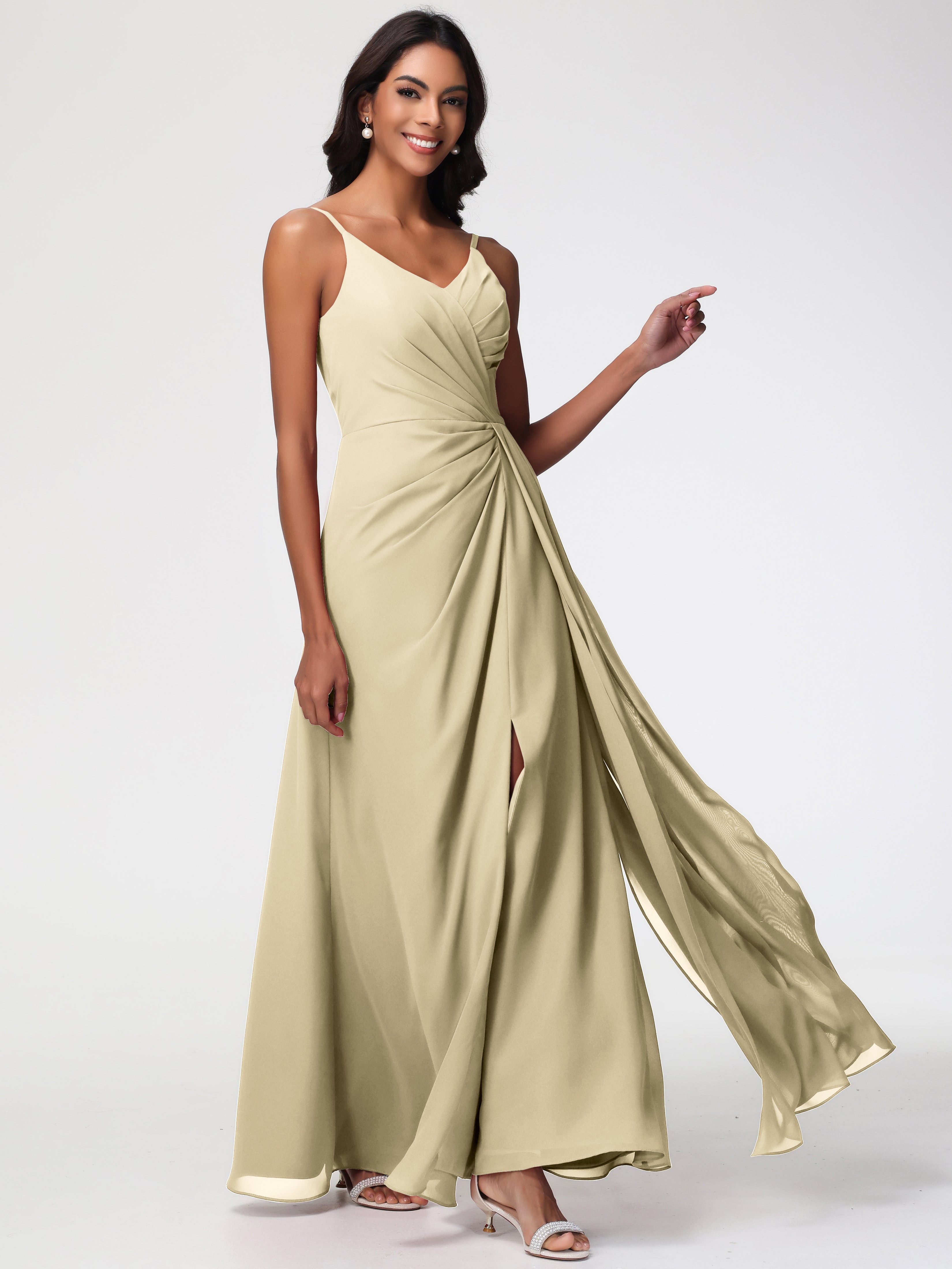 Long Chiffon Champagne Bridesmaid Dresses A-Line V-Neck Spaghetti Straps Ruched Chiffon Bridesmaid Dresses With Slit Long Chiffon Champagne Bridesmaid Dresses A-Line V-Neck Spaghetti Straps Ruched Chiffon Bridesmaid Dresses With Slit