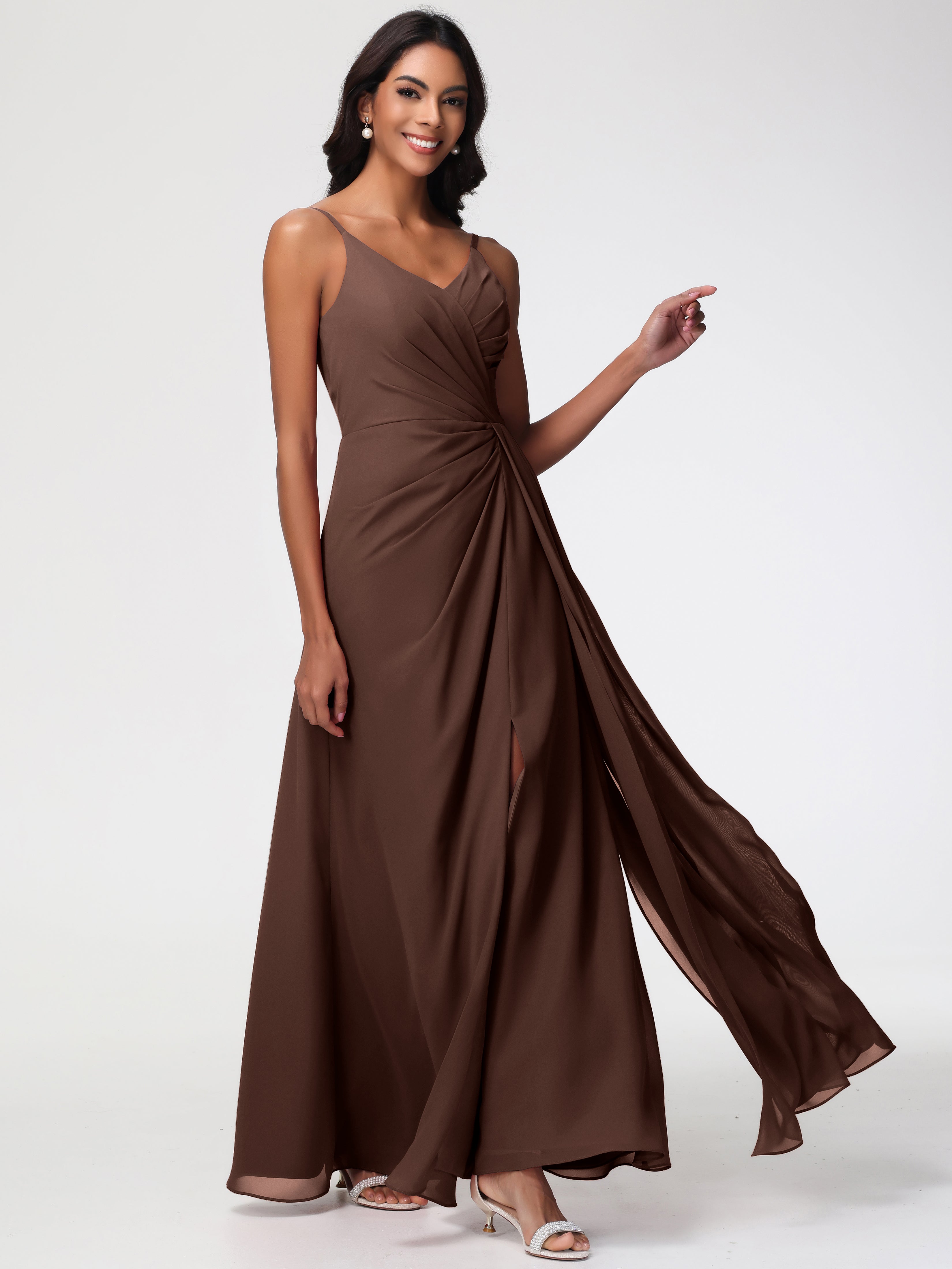Chocolate Brown Bridesmaids Dresses A-Line V-Neck Spaghetti Straps Ruc Chocolate Brown Bridesmaids Dresses A-Line V-Neck Spaghetti Straps Ruc