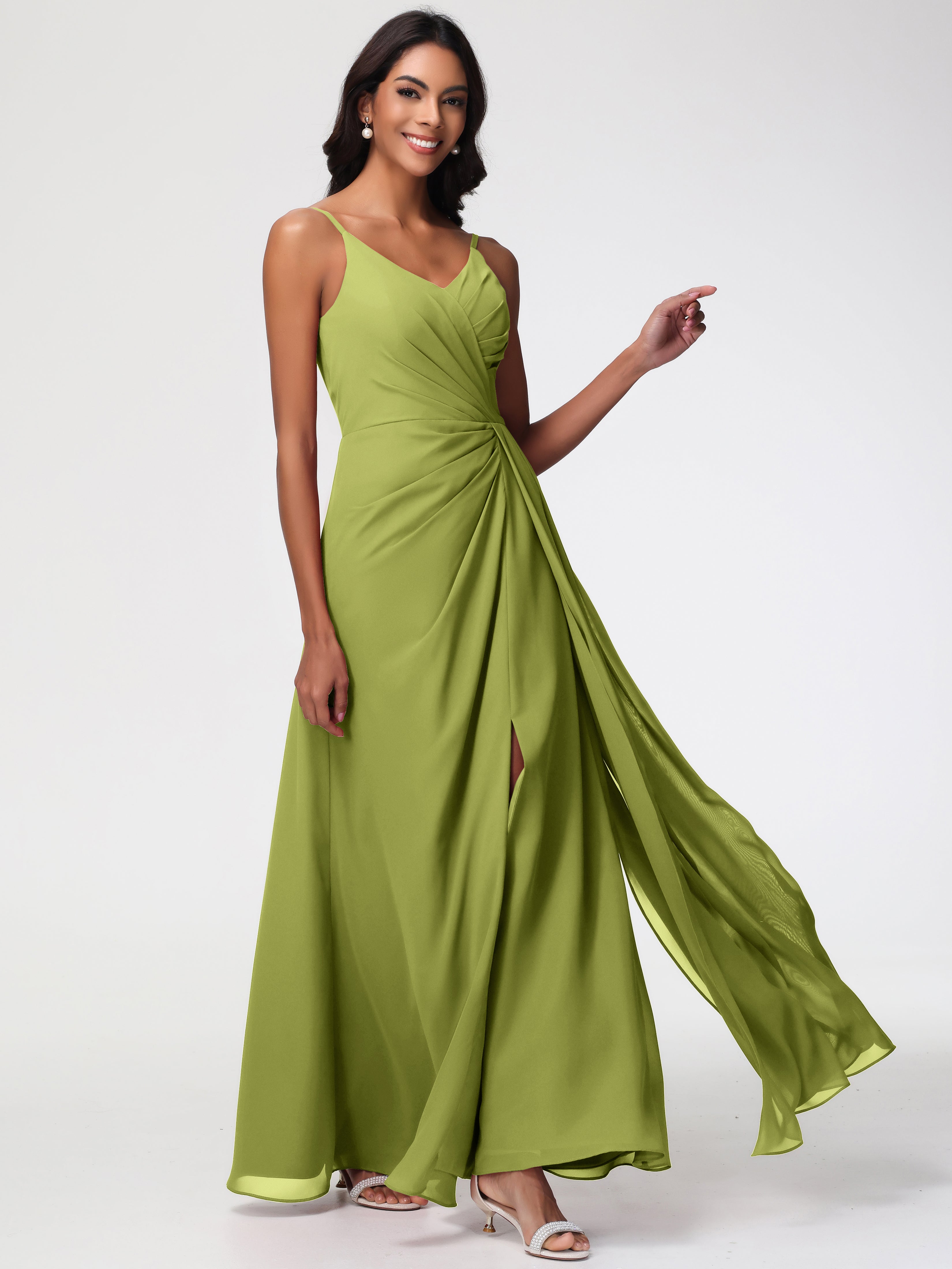 Clover Green Bridesmaid Dresses A-Line V-Neck Spaghetti Straps Ruched Chiffon Bridesmaid Dresses With Slit Clover Green Bridesmaid Dresses A-Line V-Neck Spaghetti Straps Ruched Chiffon Bridesmaid Dresses With Slit