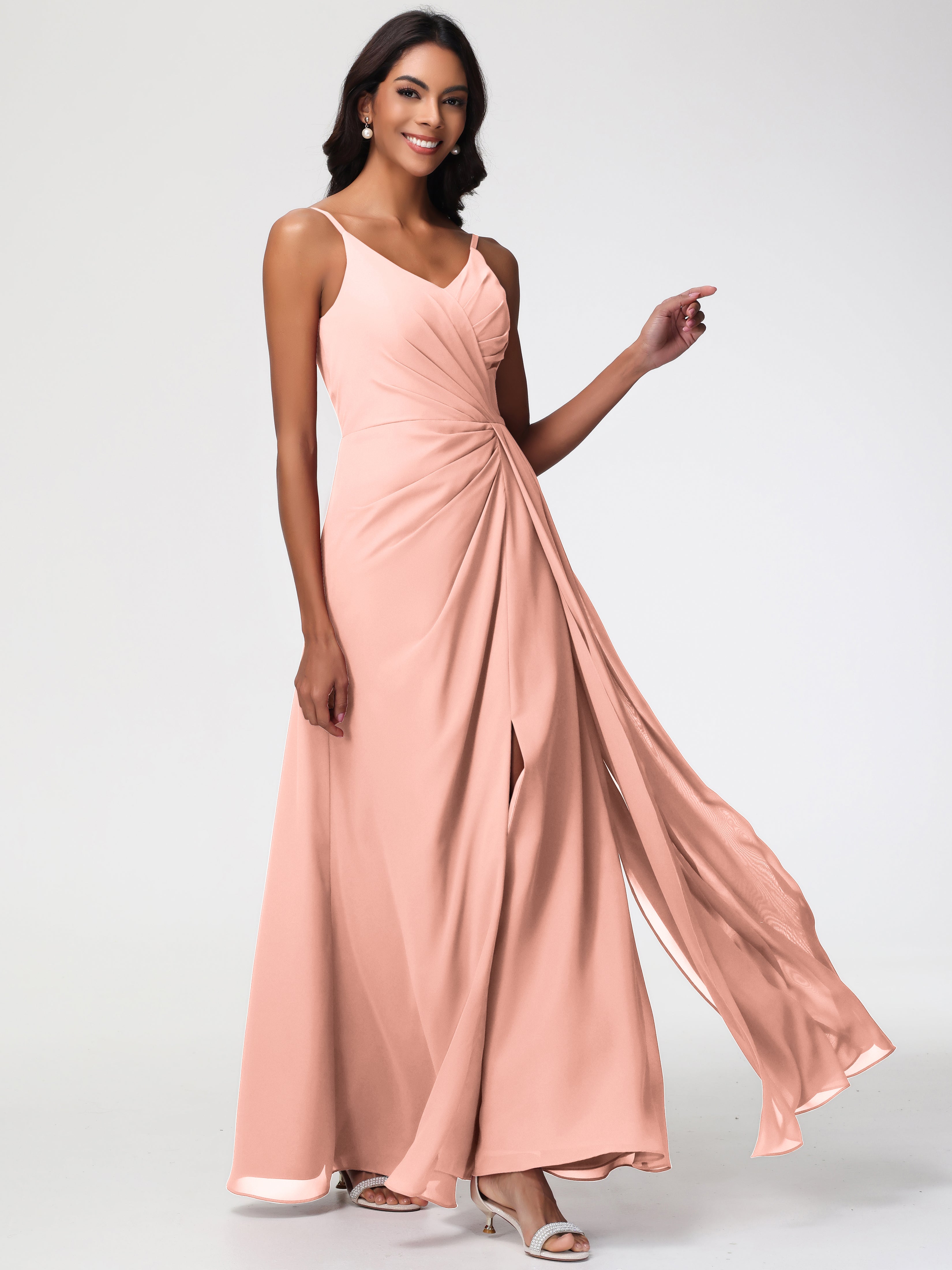 Coral Bridesmaids A-Line V-Neck Spaghetti Straps Ruched Chiffon Bridesmaid Dresses With Slit Coral Bridesmaids A-Line V-Neck Spaghetti Straps Ruched Chiffon Bridesmaid Dresses With Slit