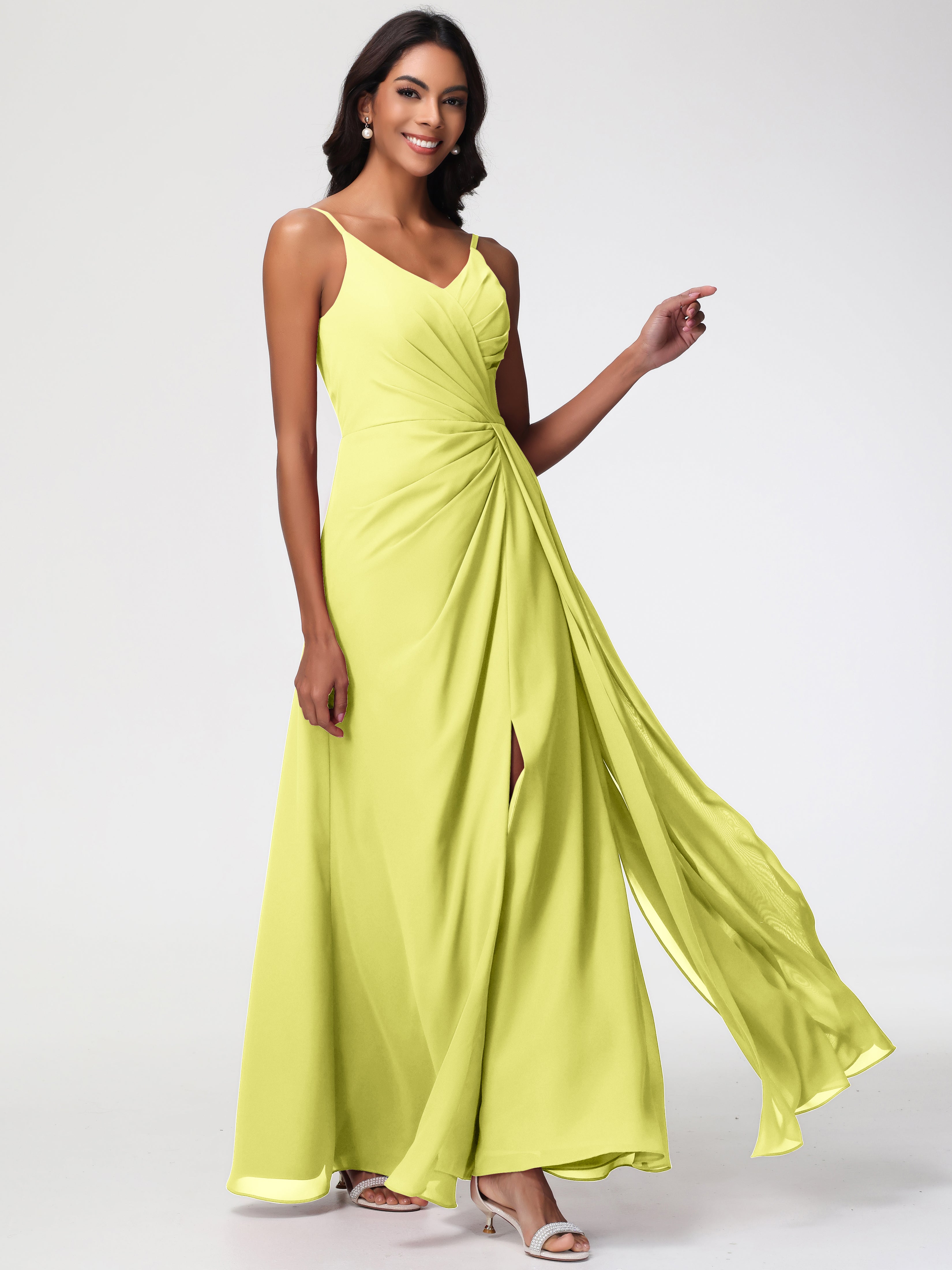 Daffodil Yellow Bridesmaid Dresses A-Line V-Neck Spaghetti Straps Ruched Chiffon Bridesmaid Dresses With Slit Daffodil Yellow Bridesmaid Dresses A-Line V-Neck Spaghetti Straps Ruched Chiffon Bridesmaid Dresses With Slit