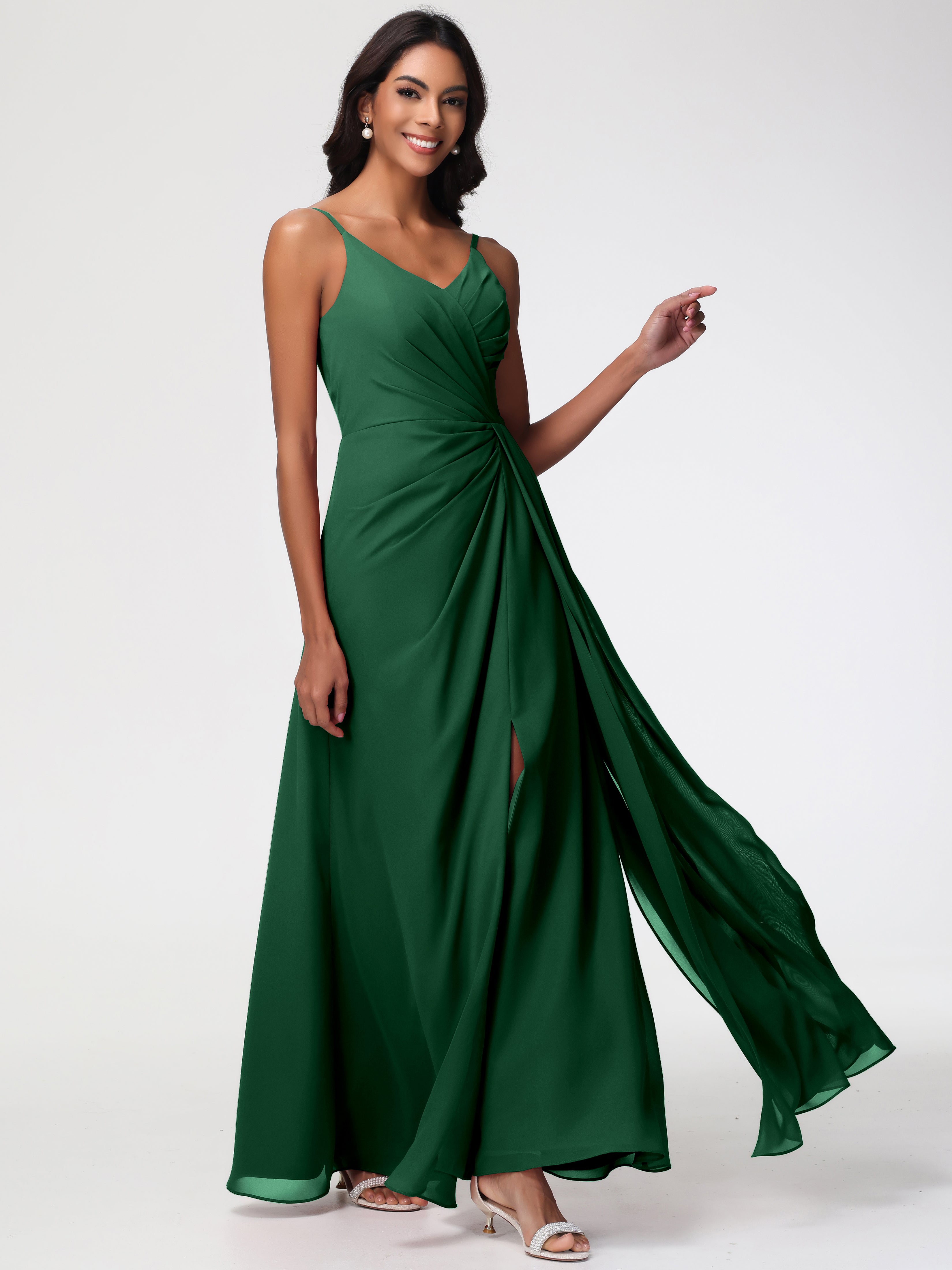 Bridesmaid Dark Green Dress A-Line V-Neck Spaghetti Straps Ruched Chiffon Bridesmaid Dresses With Slit Bridesmaid Dark Green Dress A-Line V-Neck Spaghetti Straps Ruched Chiffon Bridesmaid Dresses With Slit