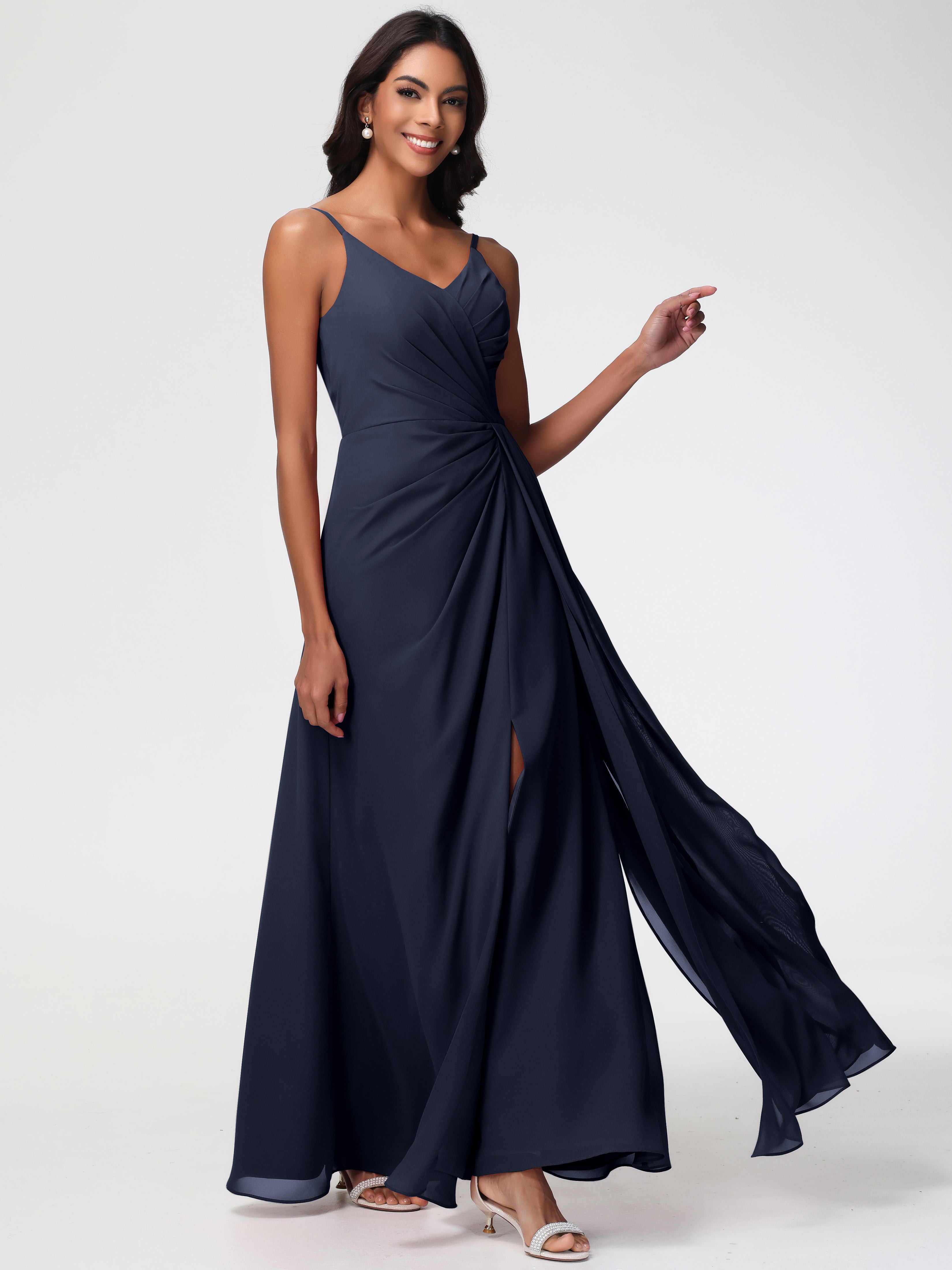 Dark Navy Bridesmaid Dress A-Line V-Neck Spaghetti Straps Ruched Chiffon Bridesmaid Dresses with Slit Dark Navy Bridesmaid Dress A-Line V-Neck Spaghetti Straps Ruched Chiffon Bridesmaid Dresses with Slit
