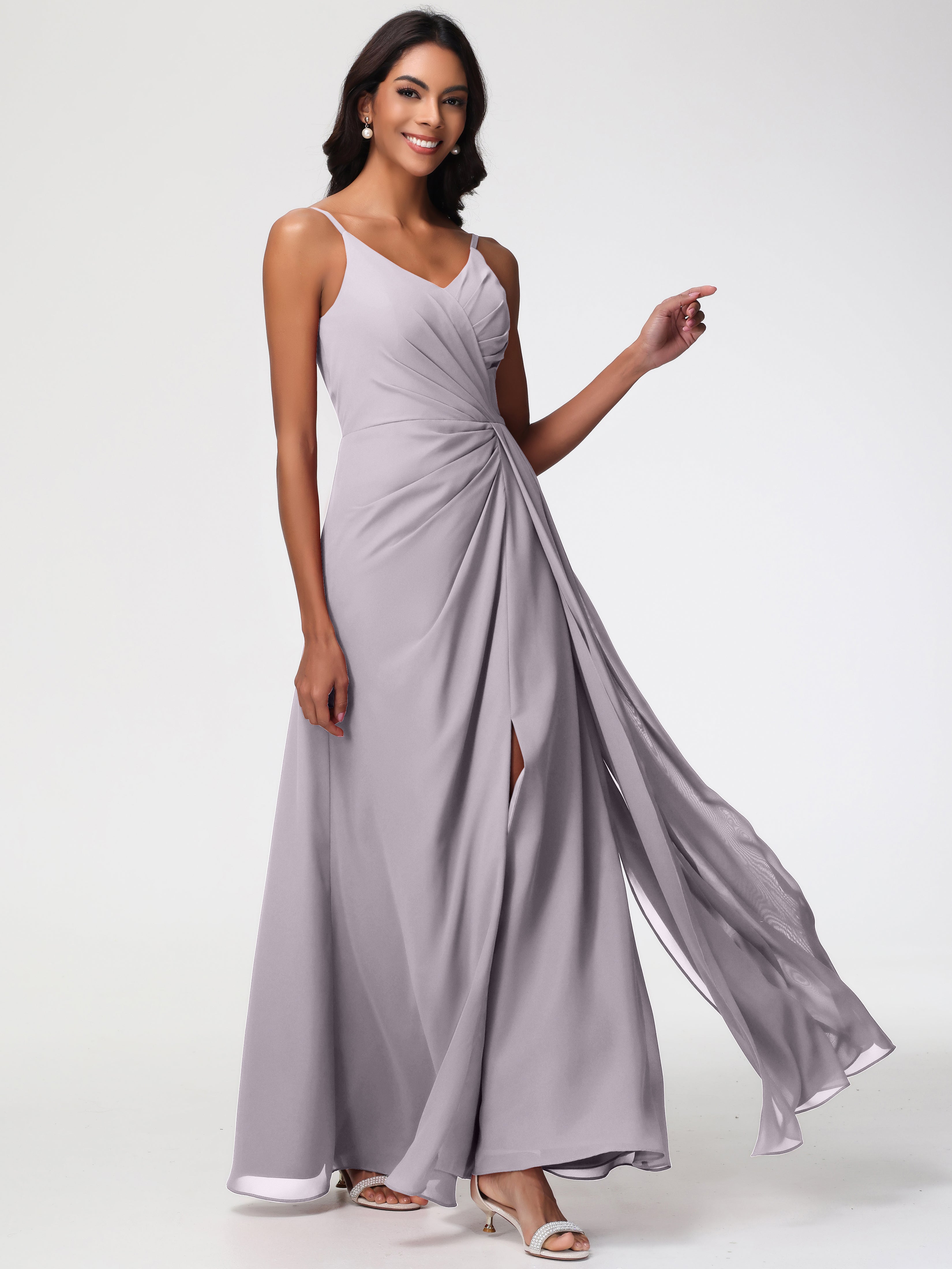 Dusk Bridesmaid Dress A-Line V-Neck Spaghetti Straps Ruched Chiffon Bridesmaid Dresses With Slit Dusk Bridesmaid Dress A-Line V-Neck Spaghetti Straps Ruched Chiffon Bridesmaid Dresses With Slit