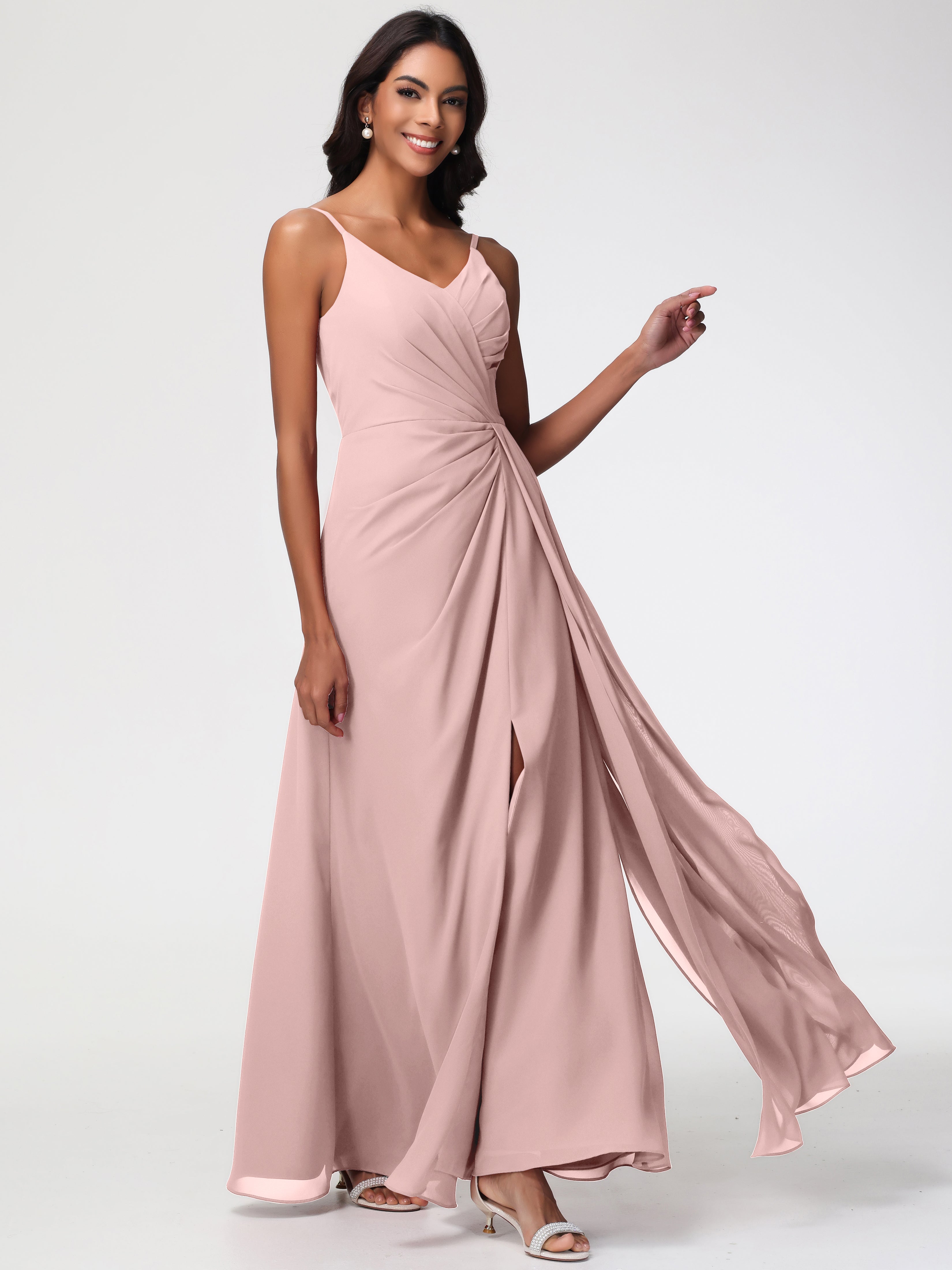 Bridesmaid Dresses Dusty Rose A-Line V-Neck Spaghetti Straps Ruched Chiffon Bridesmaid Dresses With Slit Bridesmaid Dresses Dusty Rose A-Line V-Neck Spaghetti Straps Ruched Chiffon Bridesmaid Dresses With Slit