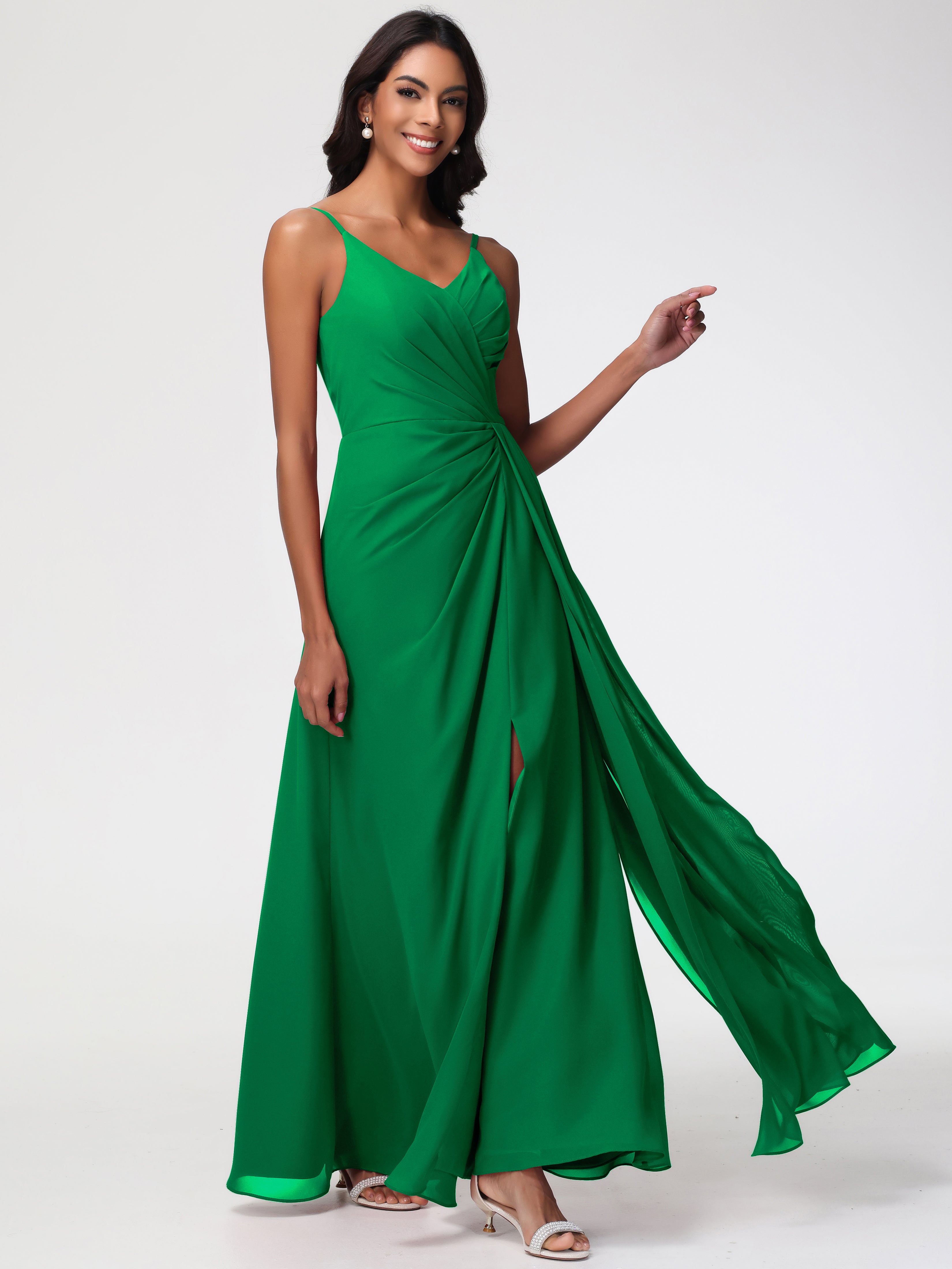 Emerald Green Bridesmaids A-Line V-Neck Spaghetti Straps Ruched Chiffon Bridesmaid Dresses With Slit Emerald Green Bridesmaids A-Line V-Neck Spaghetti Straps Ruched Chiffon Bridesmaid Dresses With Slit