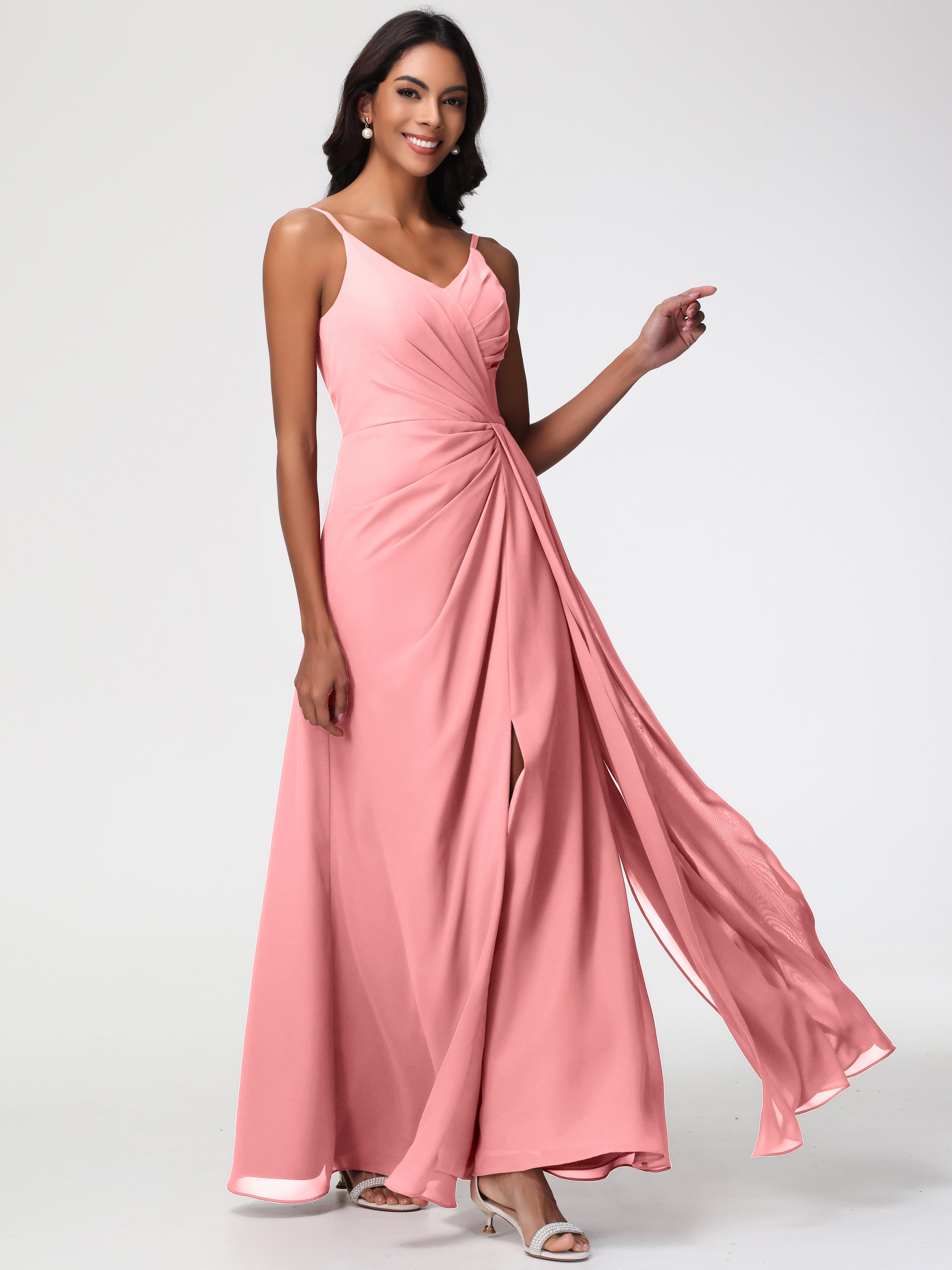 Flamingo Pink Bridesmaid Dress A-Line V-Neck Spaghetti Straps Ruched Chiffon Bridesmaid Dresses With Slit Flamingo Pink Bridesmaid Dress A-Line V-Neck Spaghetti Straps Ruched Chiffon Bridesmaid Dresses With Slit
