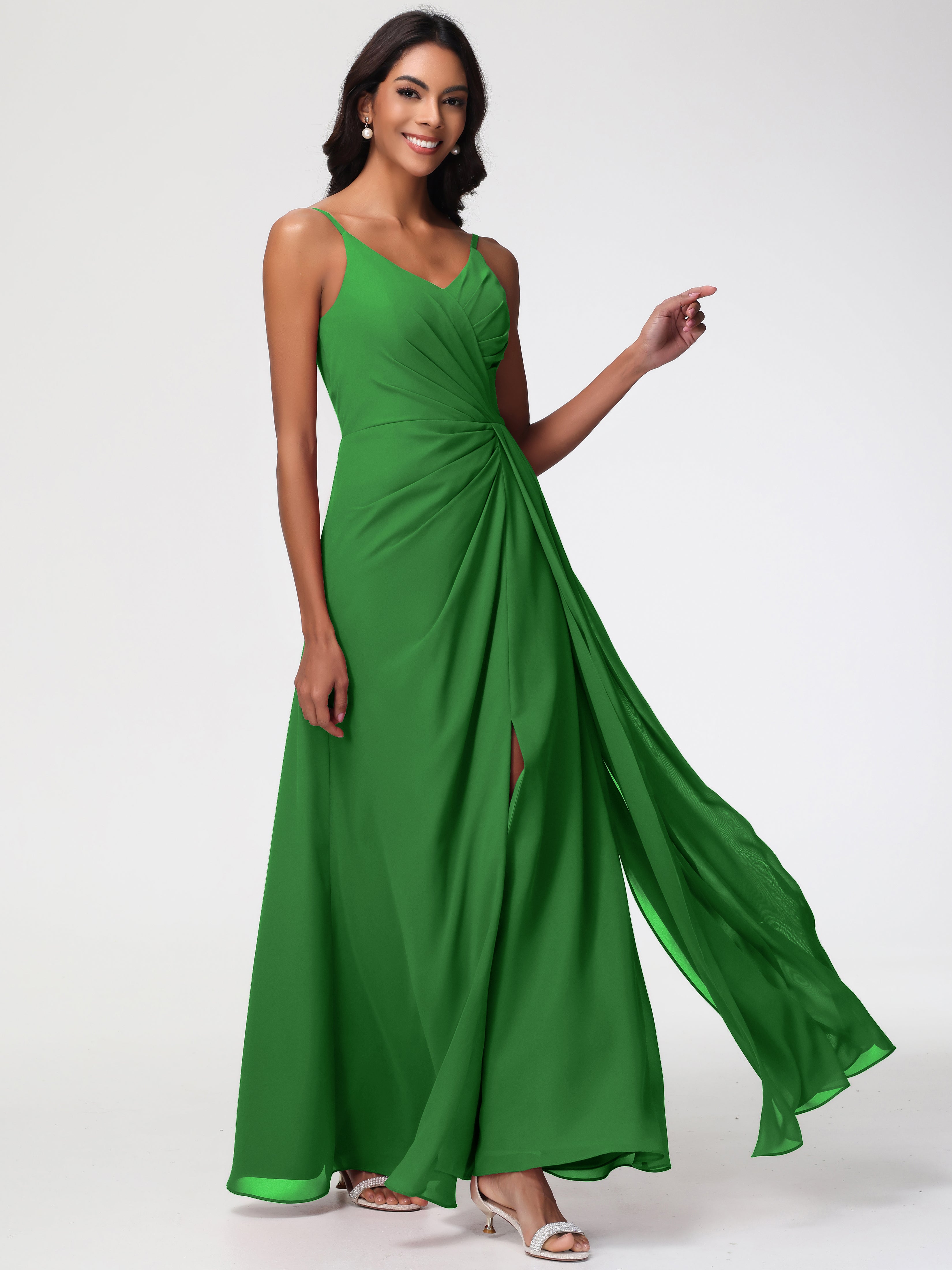 Green Chiffon Bridesmaids Dresses A-Line V-Neck Spaghetti Straps Ruched Chiffon Bridesmaid Dresses with Slit Green Chiffon Bridesmaids Dresses A-Line V-Neck Spaghetti Straps Ruched Chiffon Bridesmaid Dresses with Slit