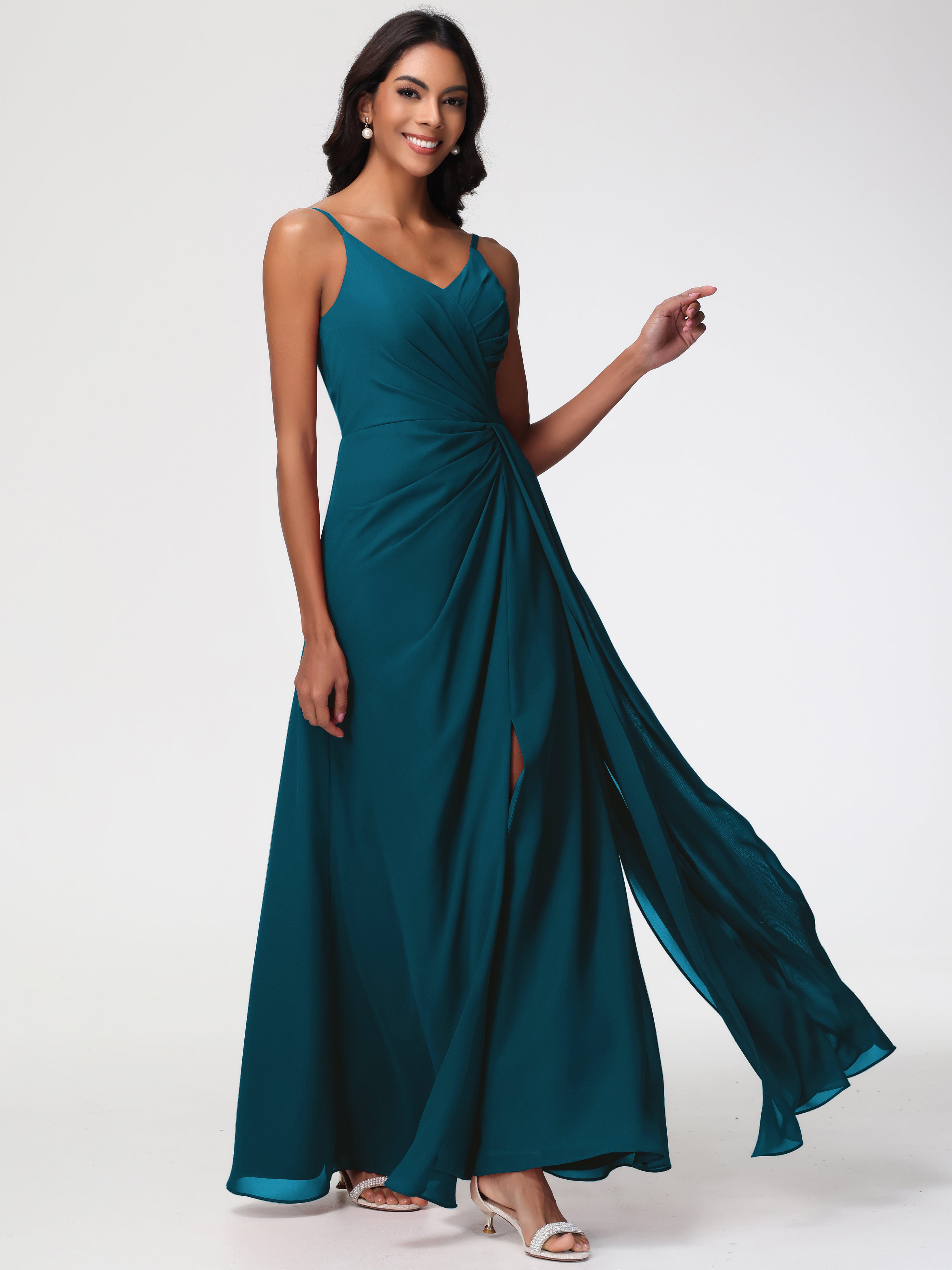 Bridesmaid Dresses Ink Blue A-Line V-Neck Spaghetti Straps Ruched Chiffon Bridesmaid Dresses With Slit Bridesmaid Dresses Ink Blue A-Line V-Neck Spaghetti Straps Ruched Chiffon Bridesmaid Dresses With Slit