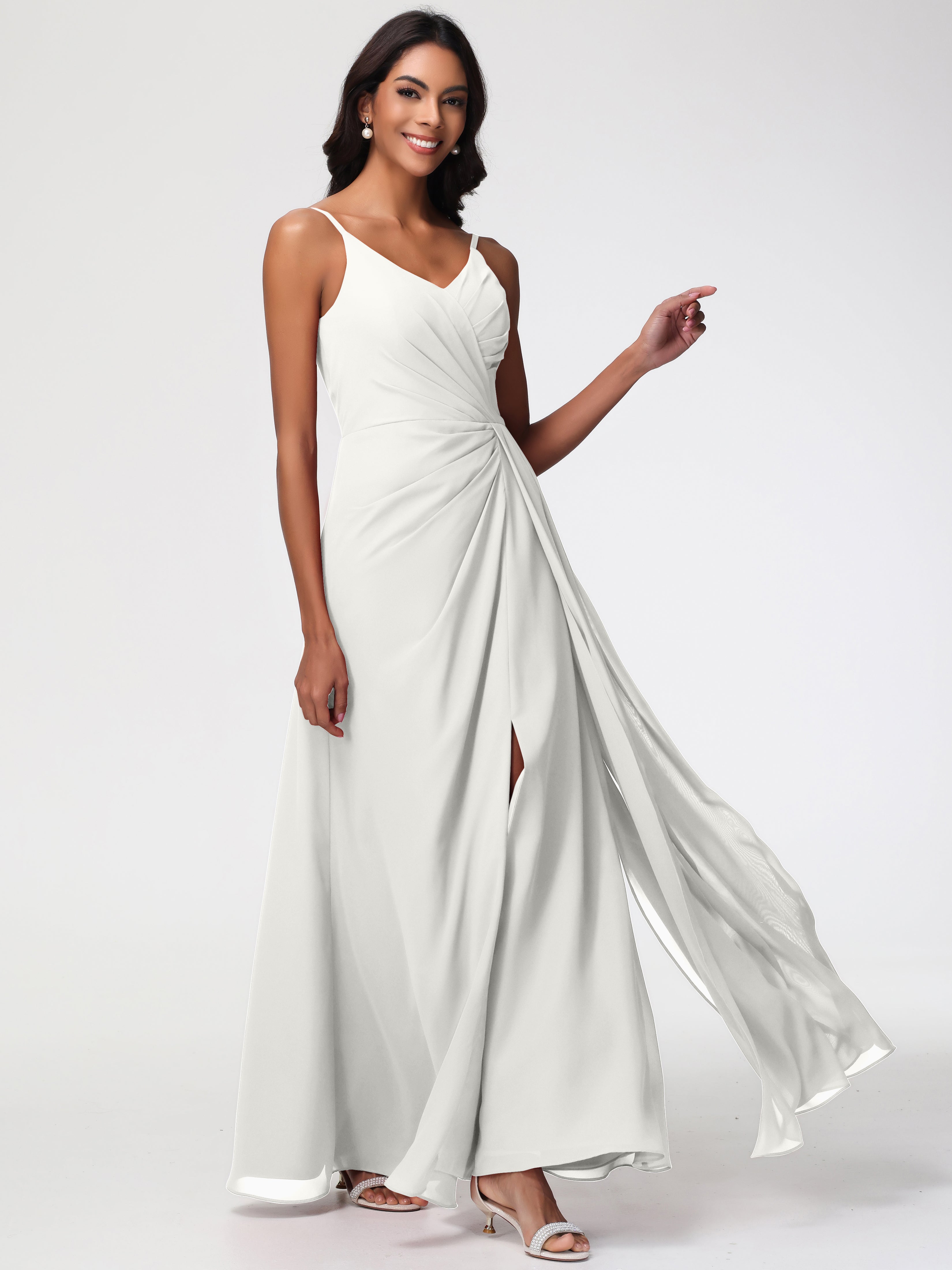 Chiffon Ivory Bridesmaid Dresses A-Line V-Neck Spaghetti Straps Ruched Chiffon Bridesmaid Dresses With Slit Chiffon Ivory Bridesmaid Dresses A-Line V-Neck Spaghetti Straps Ruched Chiffon Bridesmaid Dresses With Slit