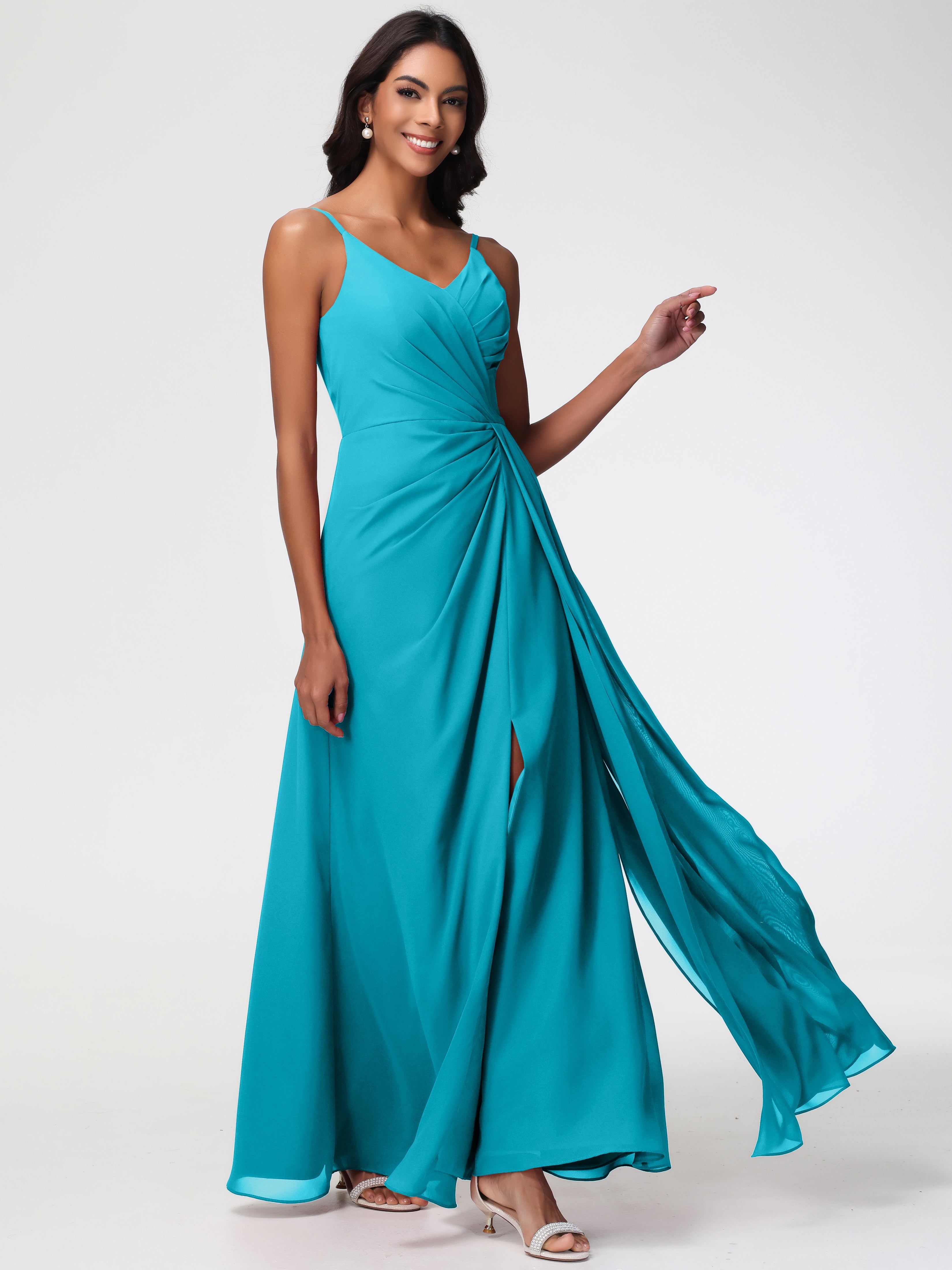 Jade Green Bridesmaid Dress A-Line V-Neck Spaghetti Straps Ruched Chiffon Bridesmaid Dresses With Slit Jade Green Bridesmaid Dress A-Line V-Neck Spaghetti Straps Ruched Chiffon Bridesmaid Dresses With Slit
