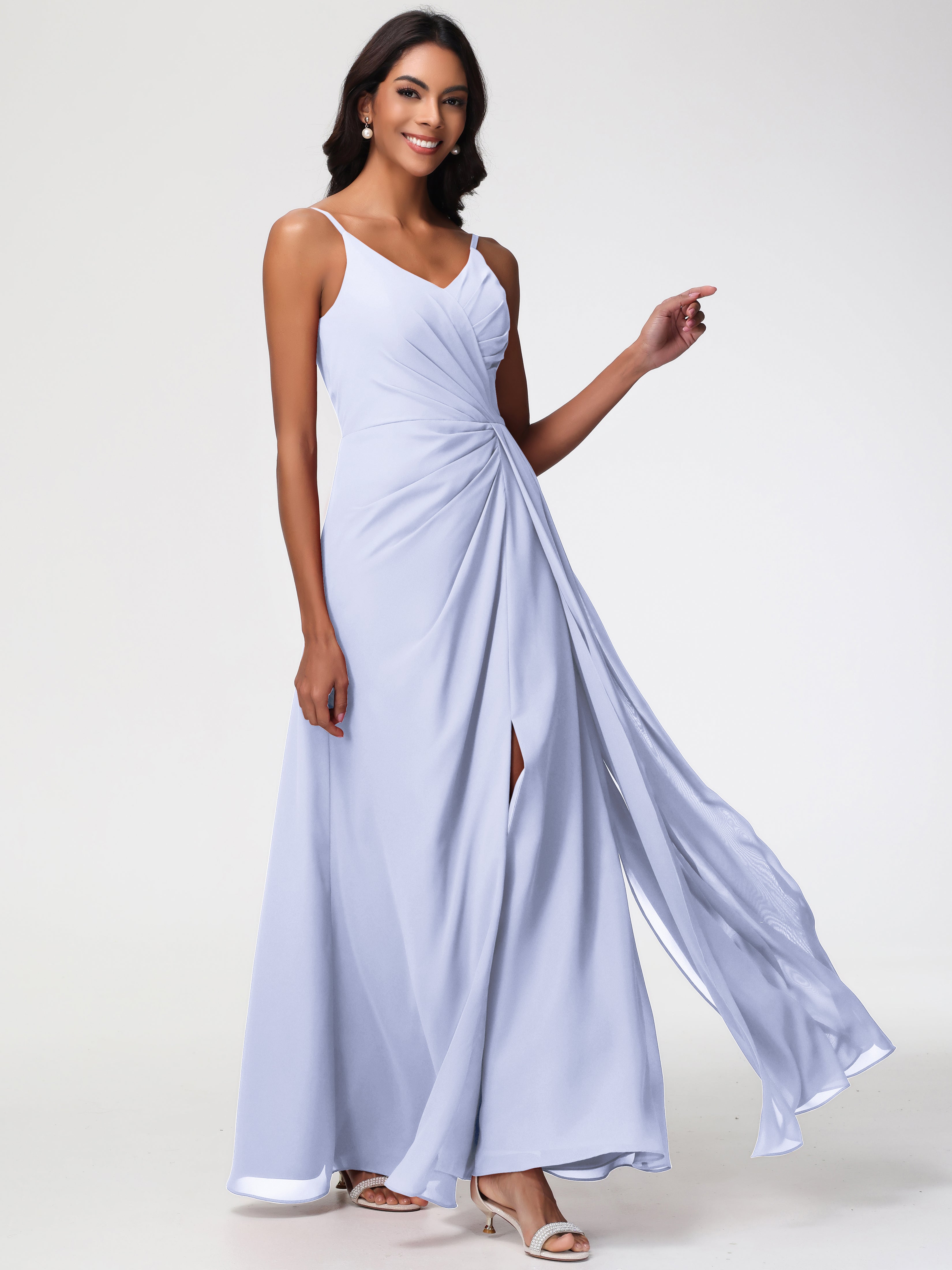Chiffon Lavender Bridesmaid Dresses A-Line V-Neck Spaghetti Straps Ruched Chiffon Bridesmaid Dresses with Slit Chiffon Lavender Bridesmaid Dresses A-Line V-Neck Spaghetti Straps Ruched Chiffon Bridesmaid Dresses with Slit
