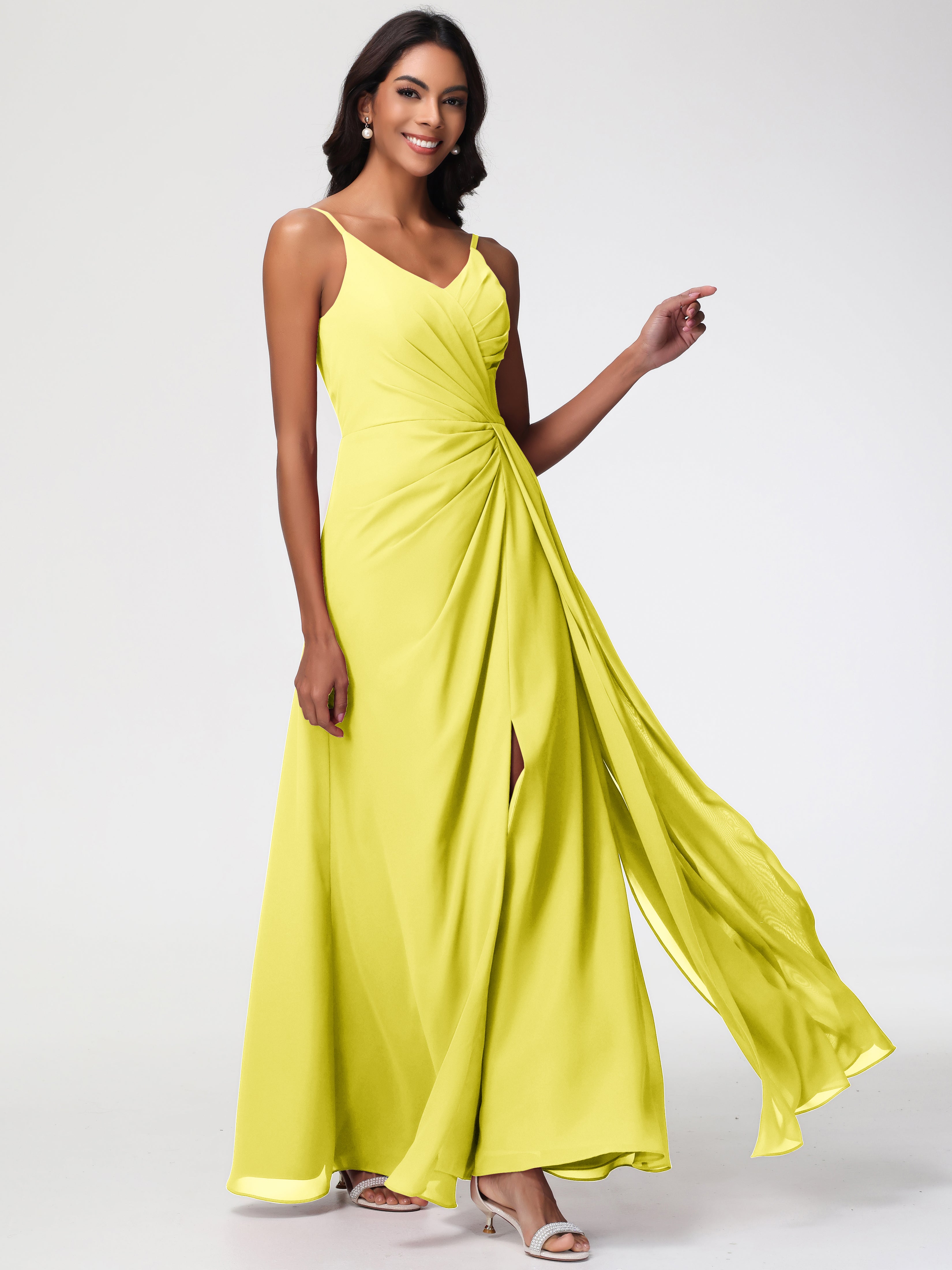 Lemon Bridesmaids A-Line V-Neck Spaghetti Straps Ruched Chiffon Bridesmaid Dresses With Slit Lemon Bridesmaids A-Line V-Neck Spaghetti Straps Ruched Chiffon Bridesmaid Dresses With Slit