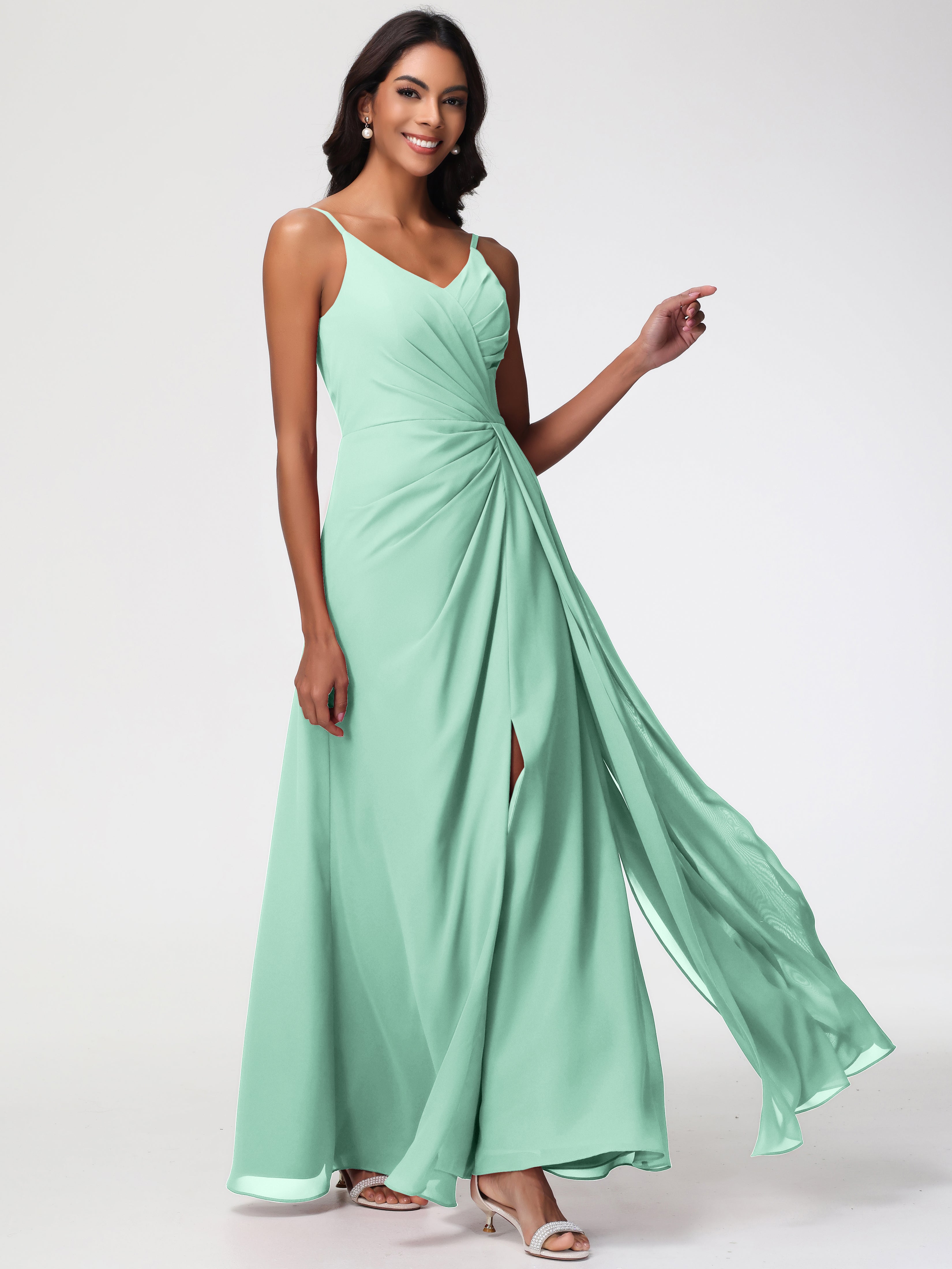 Mint Green Dress Bridesmaid A-Line V-Neck Spaghetti Straps Ruched Chif Mint Green Dress Bridesmaid A-Line V-Neck Spaghetti Straps Ruched Chif