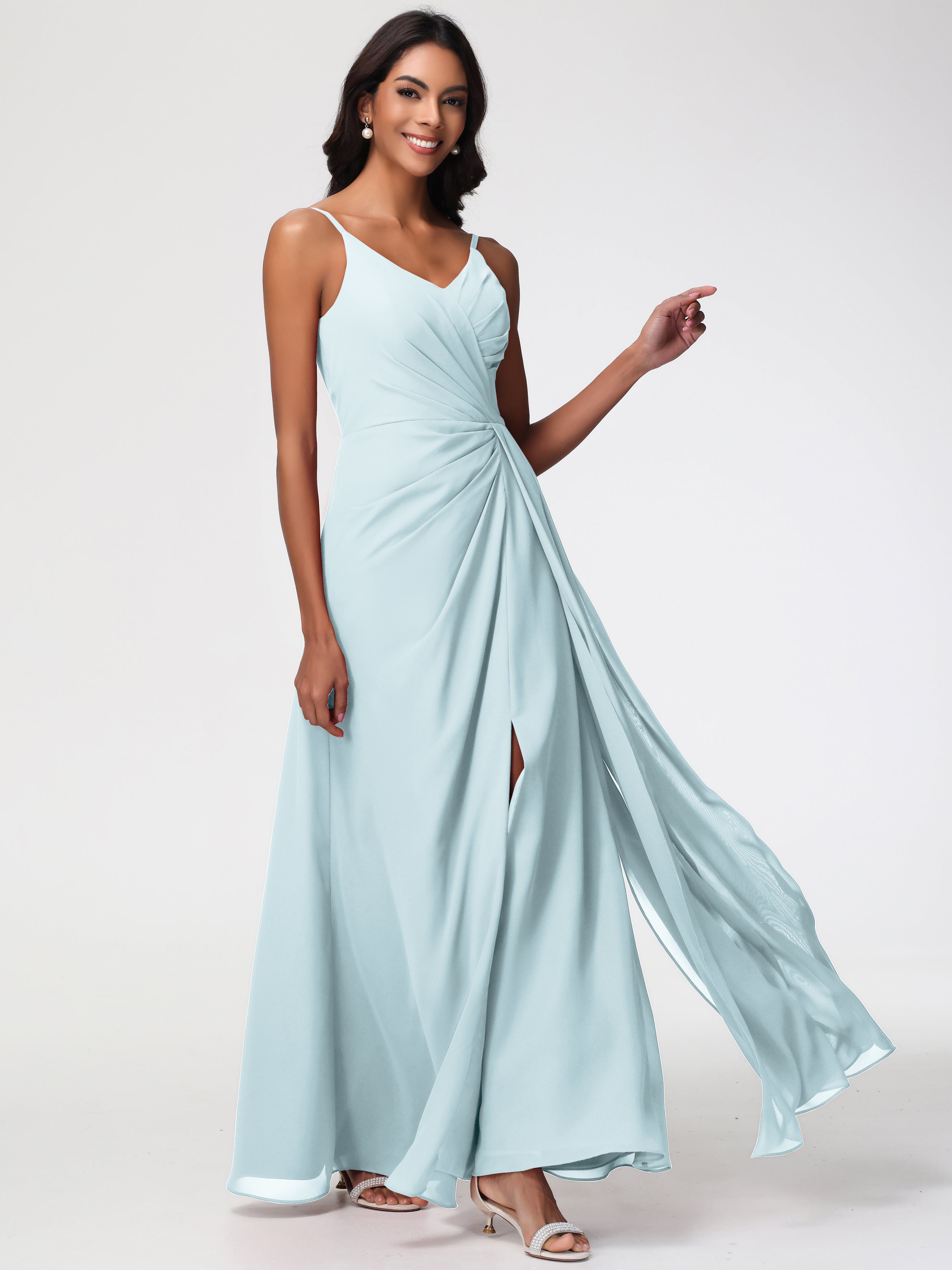 Mist Dress Bridesmaid A-Line V-Neck Spaghetti Straps Ruched Chiffon Bridesmaid Dresses With Slit Mist Dress Bridesmaid A-Line V-Neck Spaghetti Straps Ruched Chiffon Bridesmaid Dresses With Slit