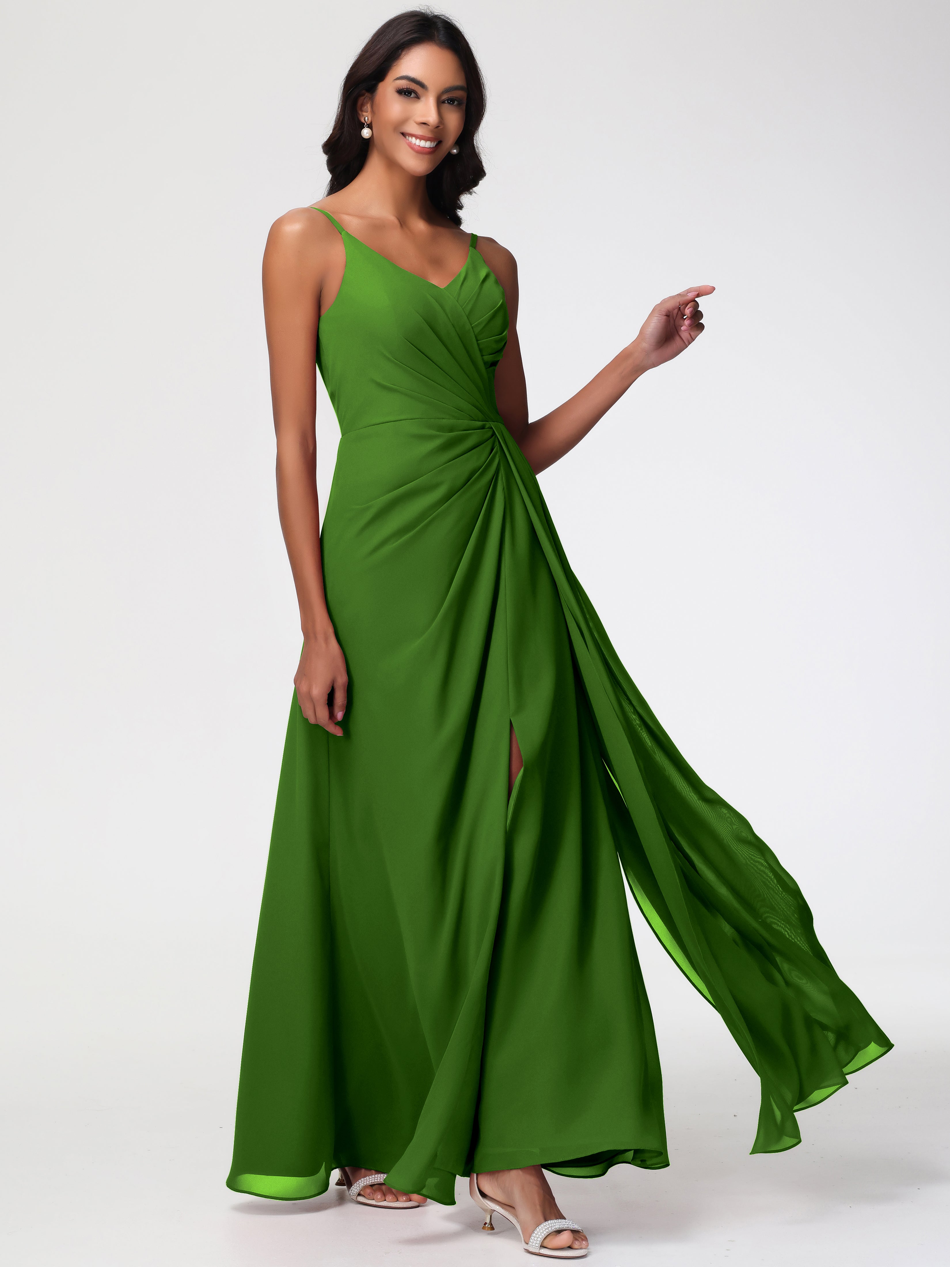 Bridesmaid Dresses Moss A-Line V-Neck Spaghetti Straps Ruched Chiffon Bridesmaid Dresses With Slit Bridesmaid Dresses Moss A-Line V-Neck Spaghetti Straps Ruched Chiffon Bridesmaid Dresses With Slit