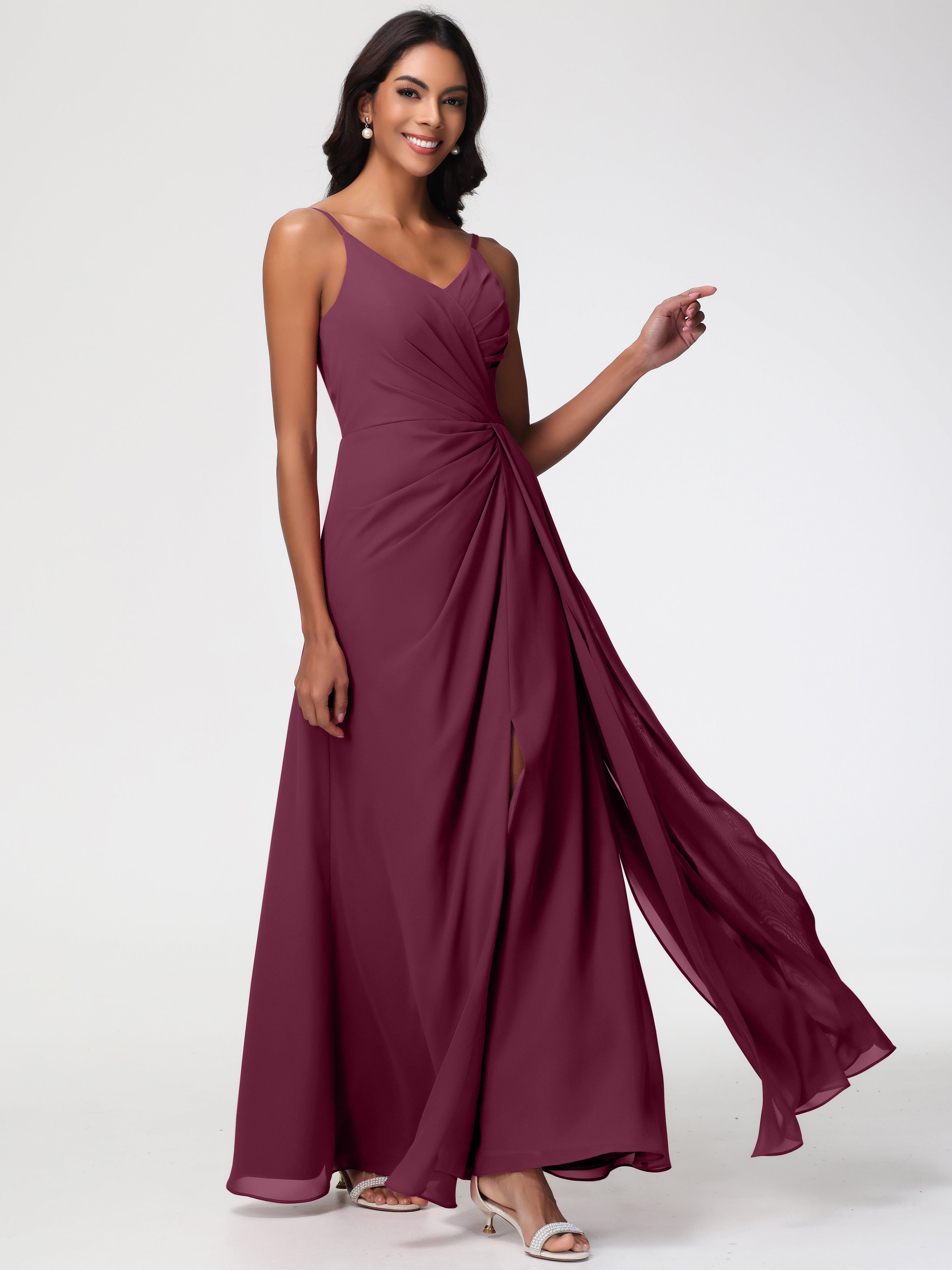 Wedding Mulberry Bridesmaid Dresses A-Line V-Neck Spaghetti Straps Ruched Chiffon Bridesmaid Dresses With Slit Wedding Mulberry Bridesmaid Dresses A-Line V-Neck Spaghetti Straps Ruched Chiffon Bridesmaid Dresses With Slit
